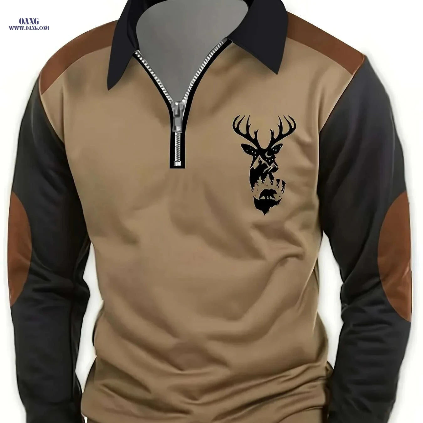 Men's Deer Print Golf Shirt - Casual Long Sleeve, Two-Tone Color   OAXG 