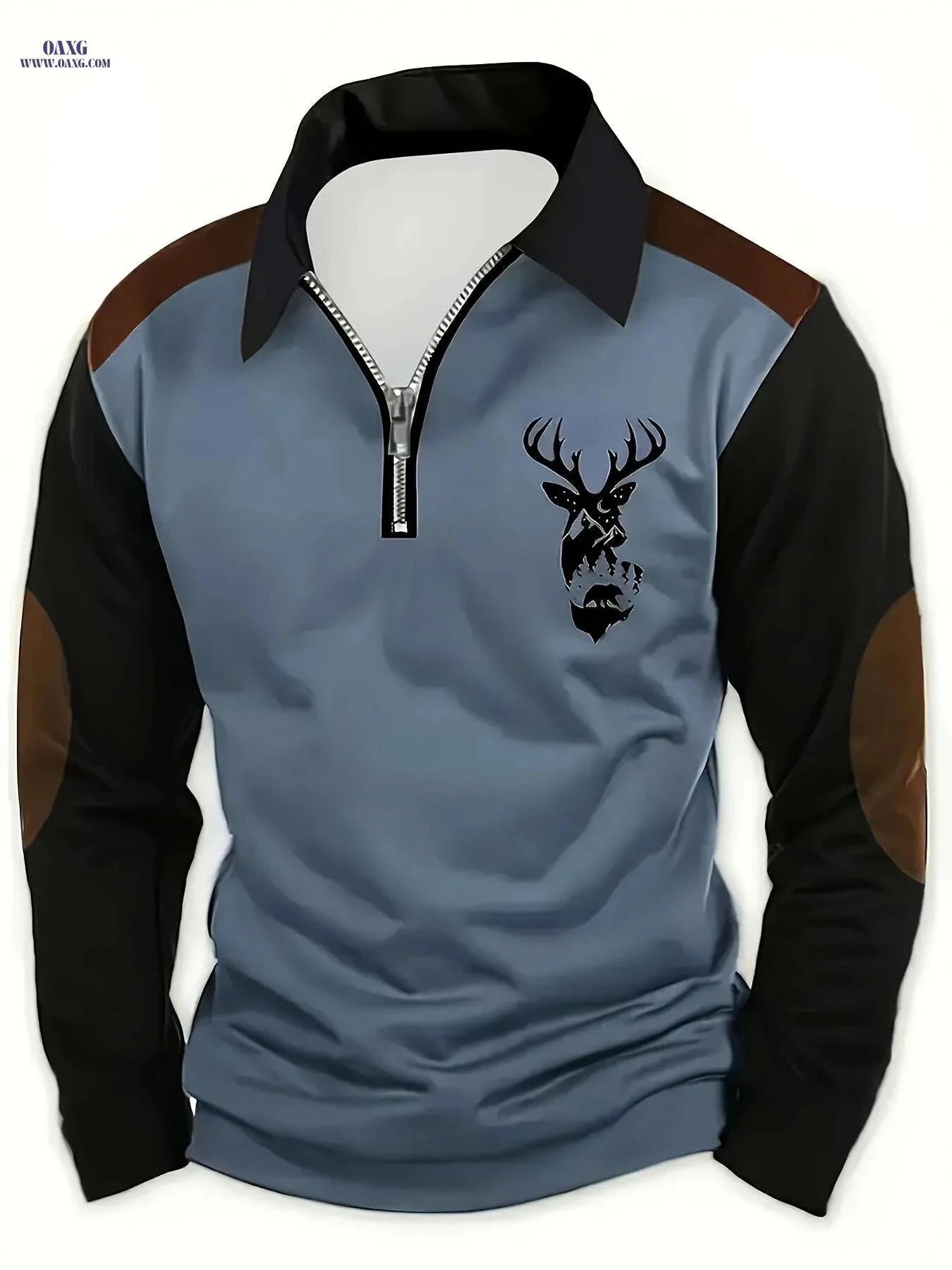 Men's Deer Print Golf Shirt - Casual Long Sleeve, Two-Tone Color   OAXG Rust / M