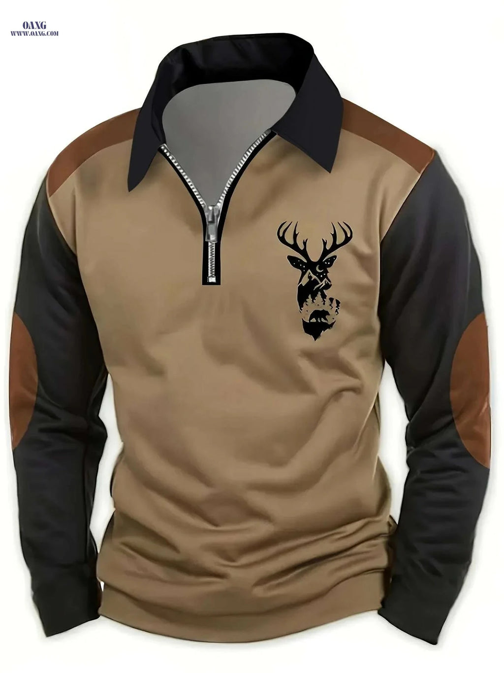 Men's Deer Print Golf Shirt - Casual Long Sleeve, Two-Tone Color   OAXG Rust / M
