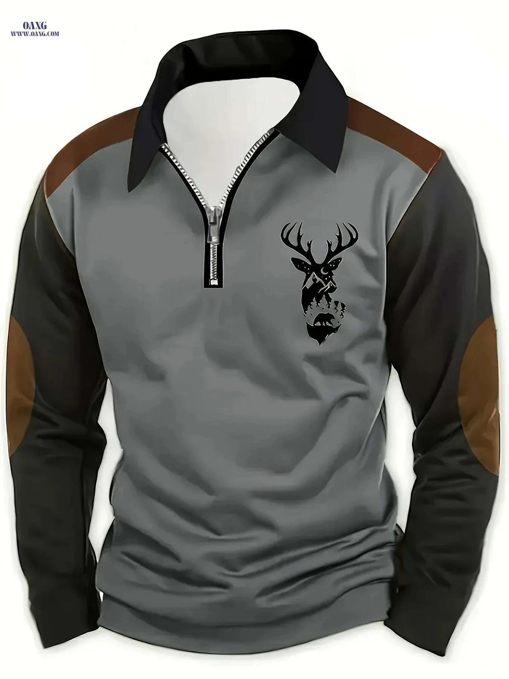 Men's Deer Print Golf Shirt - Casual Long Sleeve, Two-Tone Color   OAXG Rust / M
