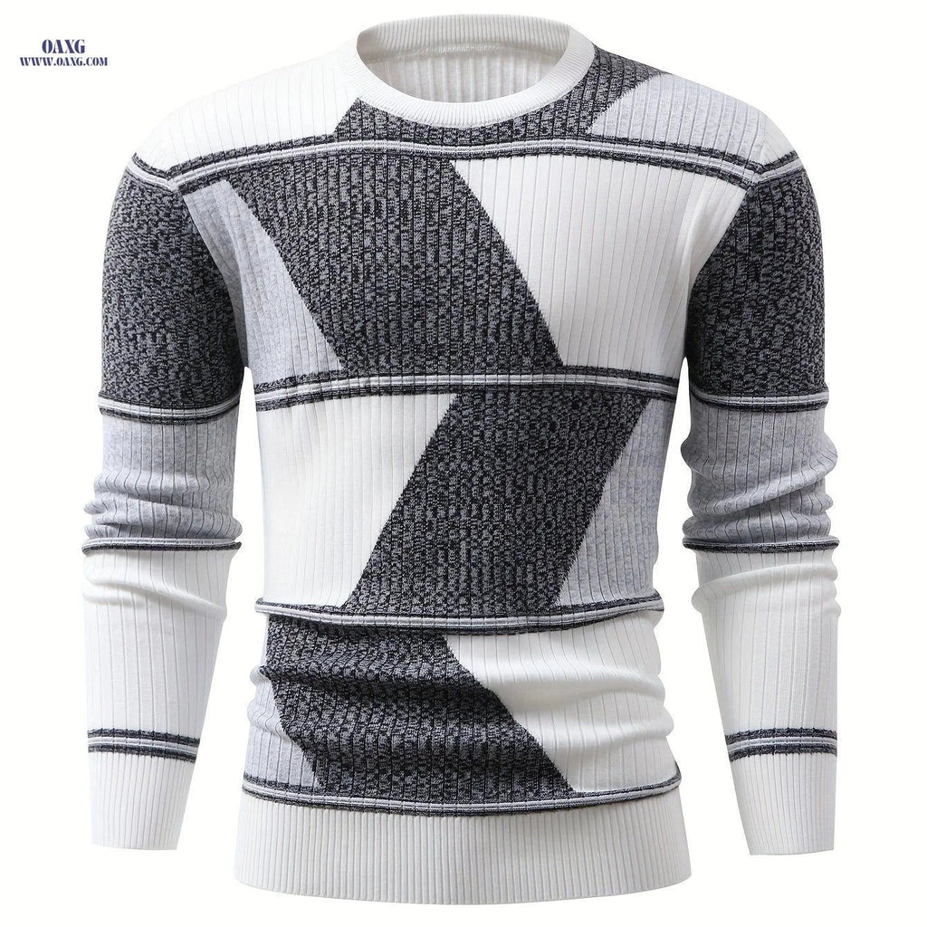 Men's Diamond Color-Block Knit Pullover Sweater - Casual Fall Style   OAXG White / FR S