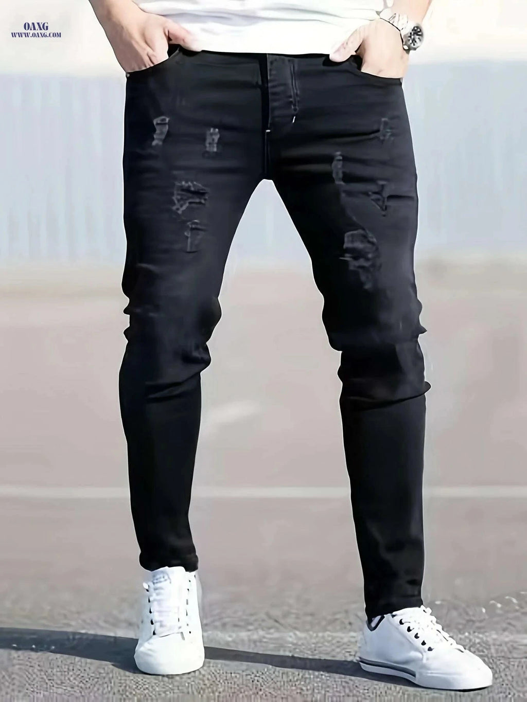 Men's Distressed Black Skinny Jeans - Slim-Fit Stretch Denim Trousers   OAXG Black / XS