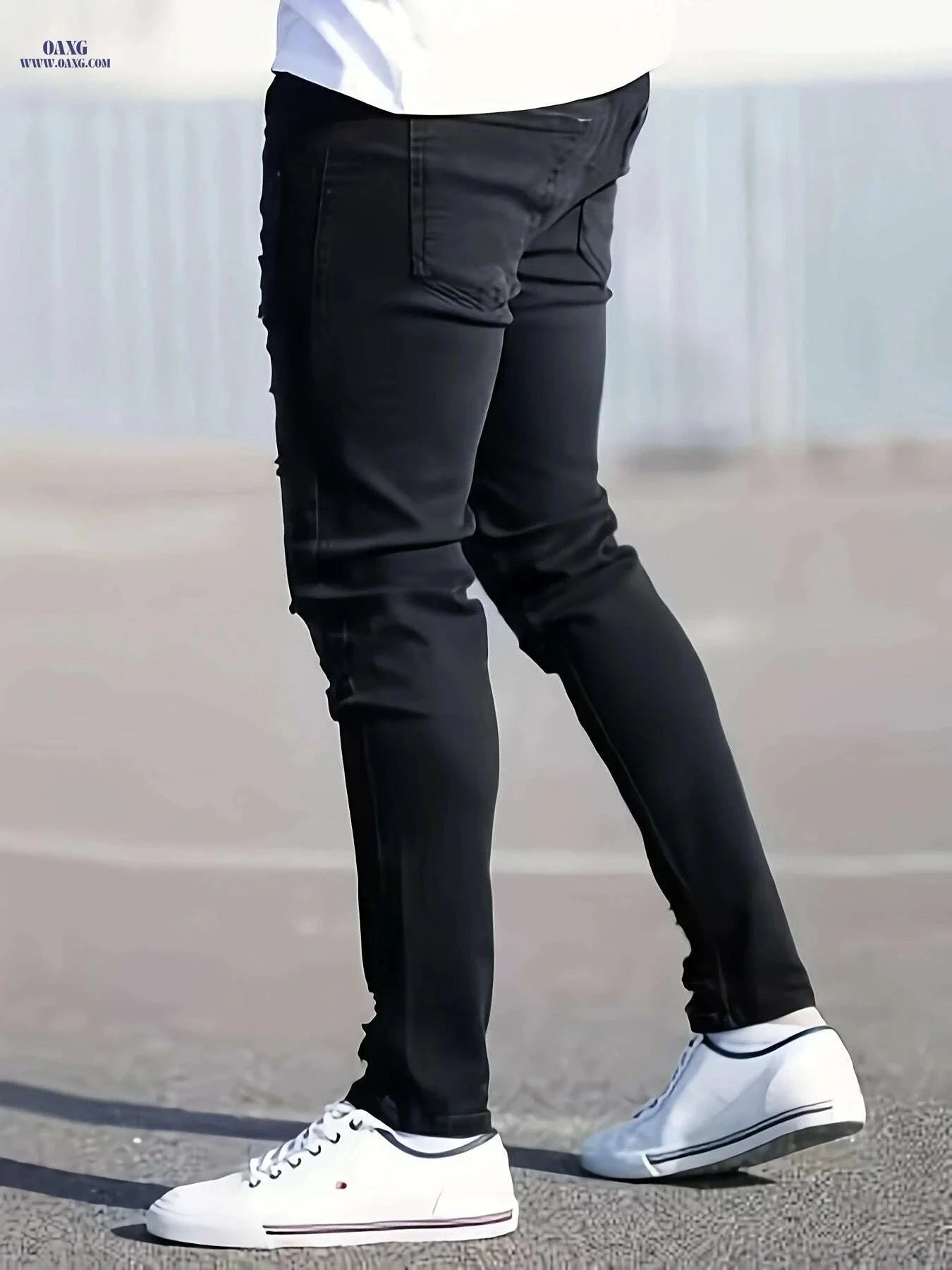 Men's Distressed Black Skinny Jeans - Slim-Fit Stretch Denim Trousers   OAXG Black / XS