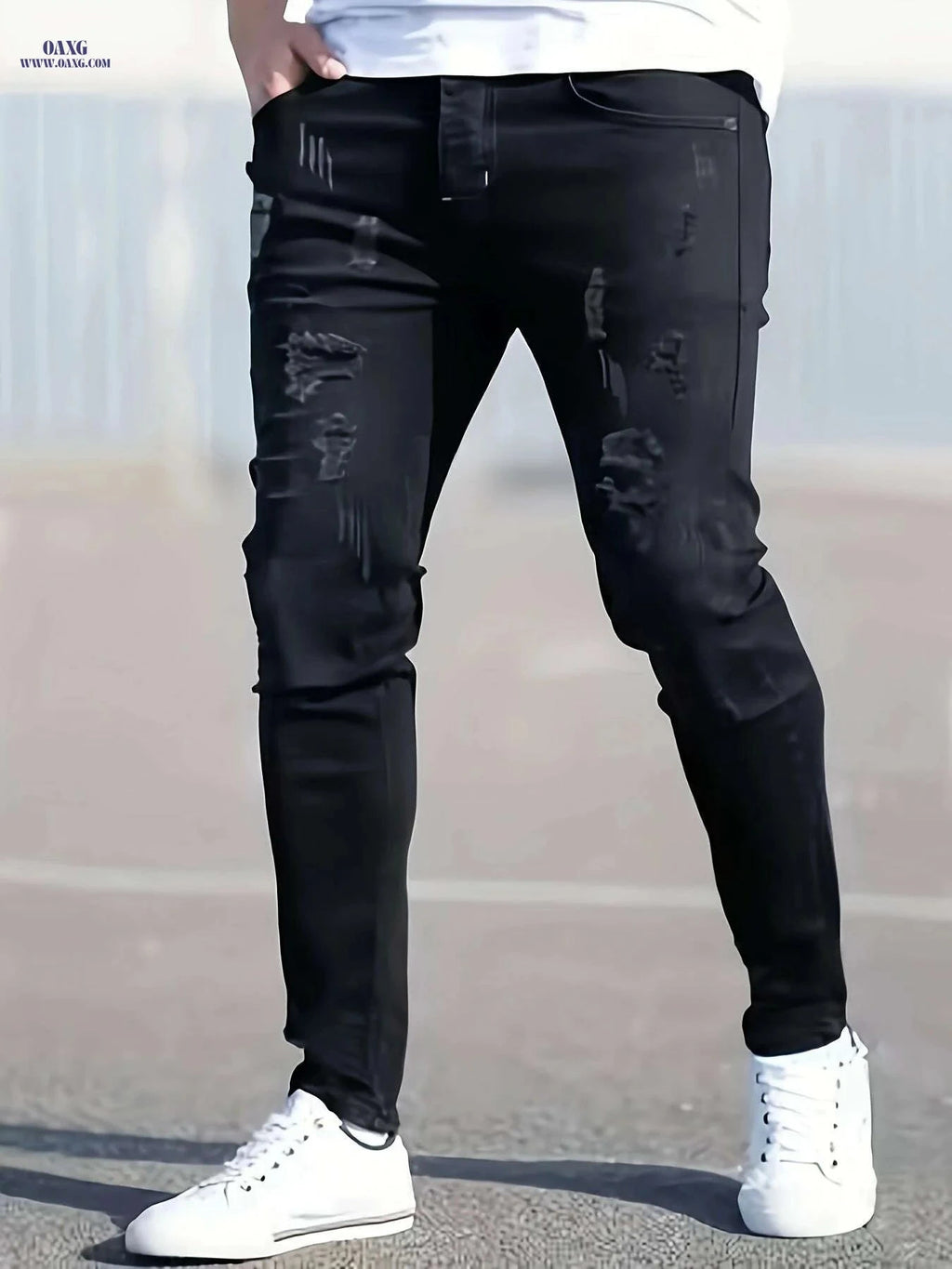 Men's Distressed Black Skinny Jeans - Slim-Fit Stretch Denim Trousers   OAXG Black / XS