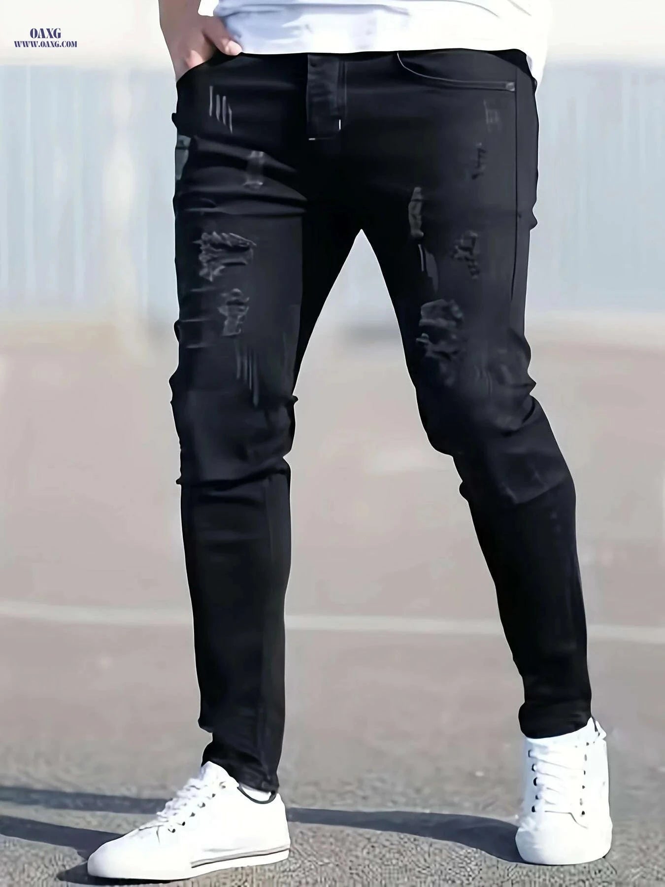 Men's Distressed Black Skinny Jeans - Slim-Fit Stretch Denim Trousers   OAXG Black / XS