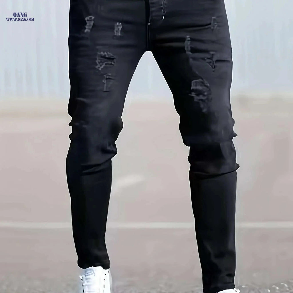 Men's Distressed Black Skinny Jeans - Slim-Fit Stretch Denim Trousers   OAXG Black / XS