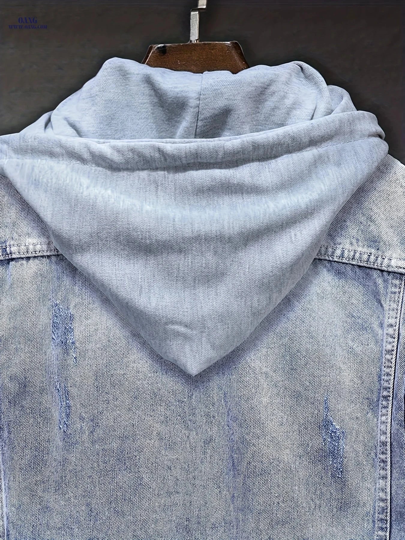 Men's Distressed Denim Jacket - Hooded Cowboy Style, Slim Fit   OAXG 