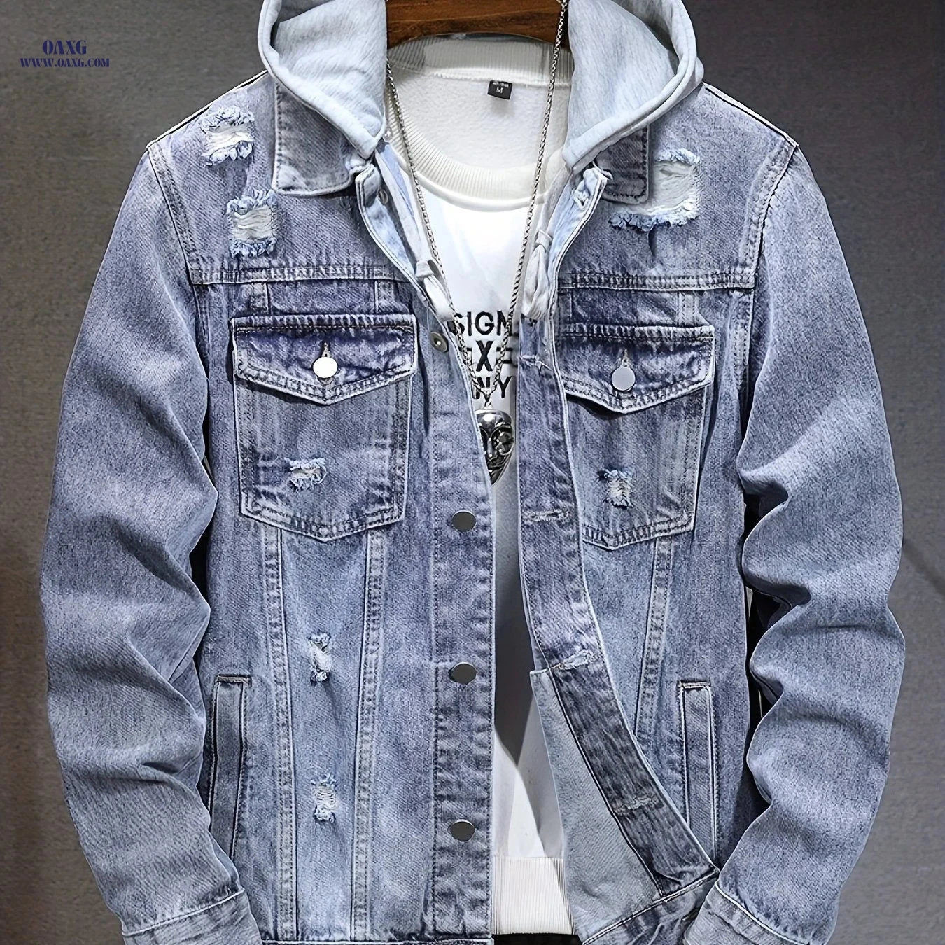 Men's Distressed Denim Jacket - Hooded Cowboy Style, Slim Fit   OAXG Sky Blue / FR S