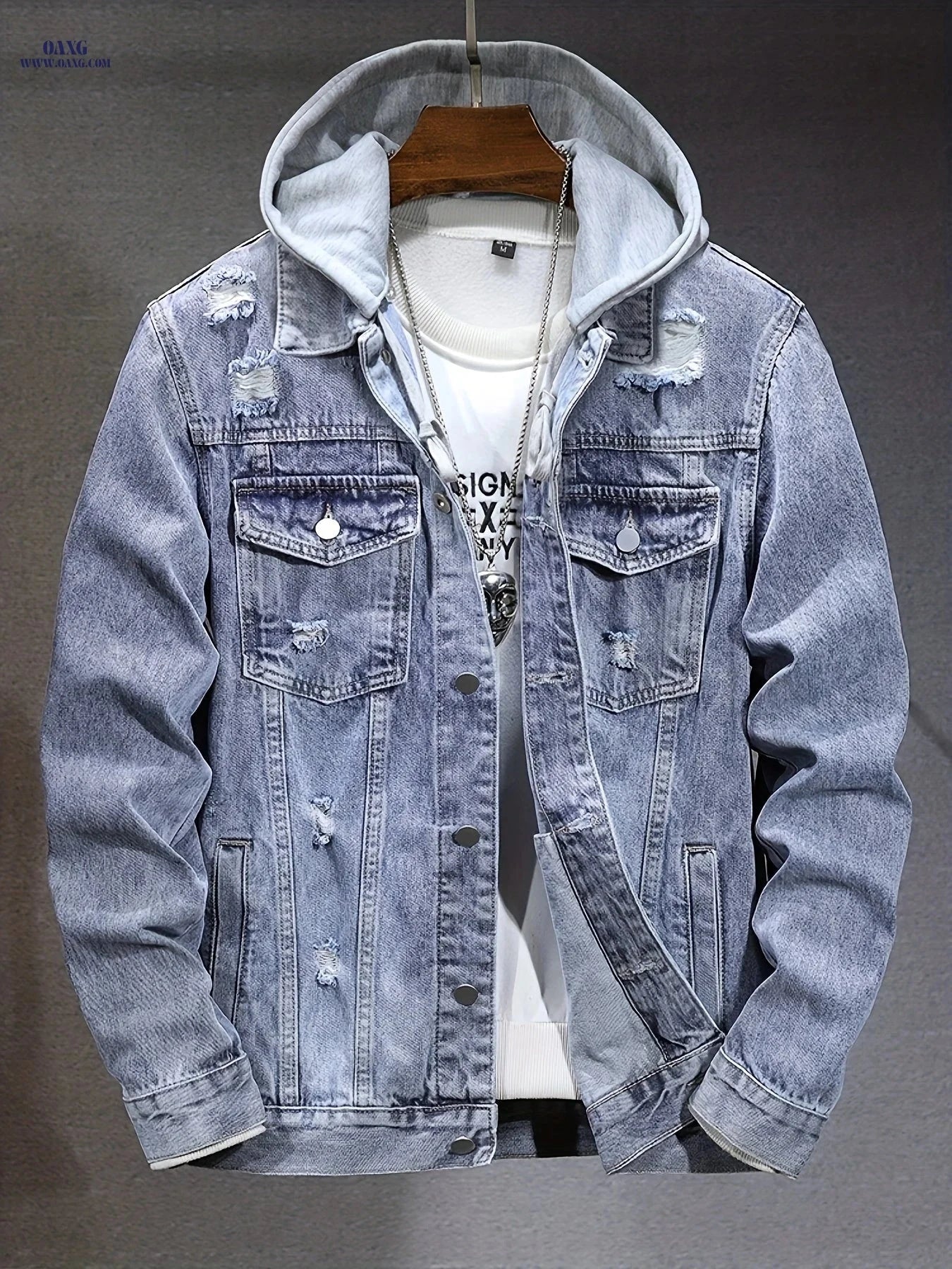 Men's Distressed Denim Jacket - Hooded Cowboy Style, Slim Fit   OAXG Sky Blue / FR S
