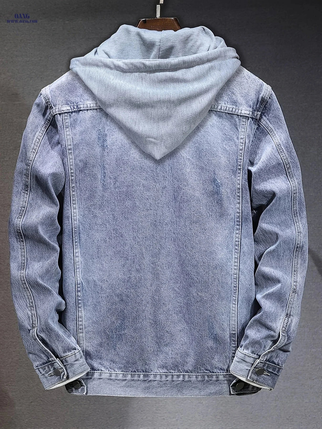 Men's Distressed Denim Jacket - Hooded Cowboy Style, Slim Fit   OAXG Sky Blue / FR S