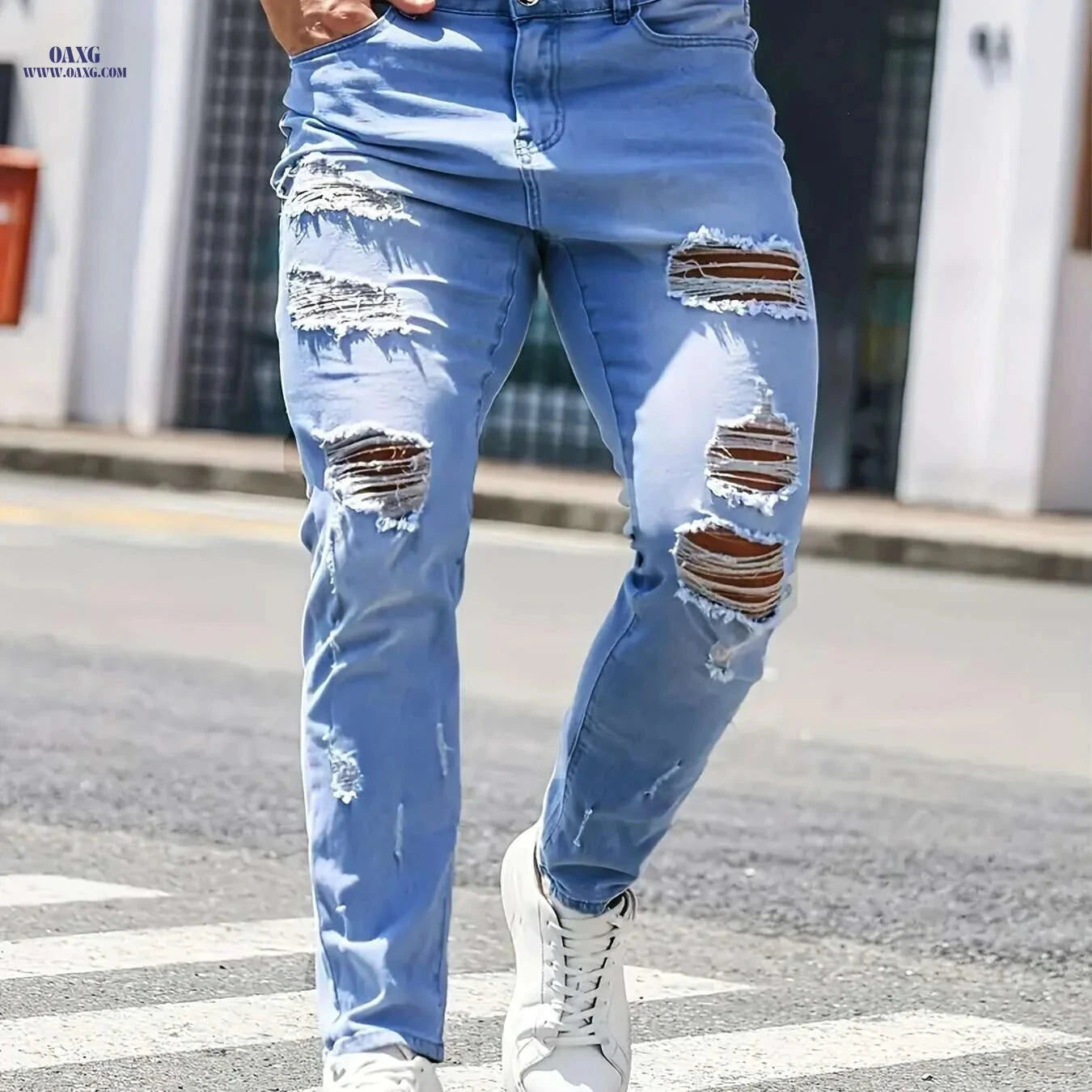Men's Distressed Light Wash Slim Fit Jeans - Frayed Hem Comfort   OAXG 