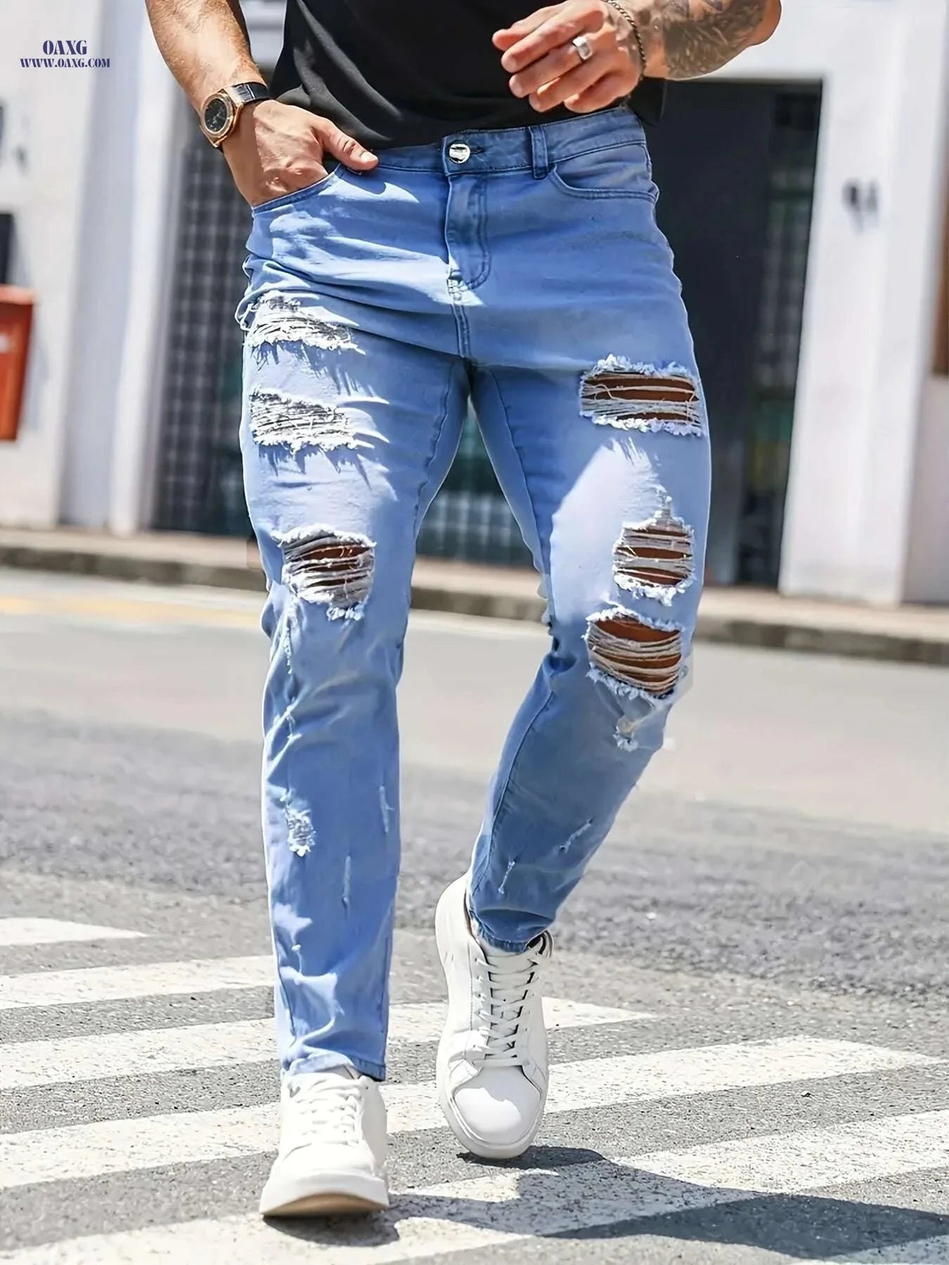 Men's Distressed Light Wash Slim Fit Jeans - Frayed Hem Comfort   OAXG 