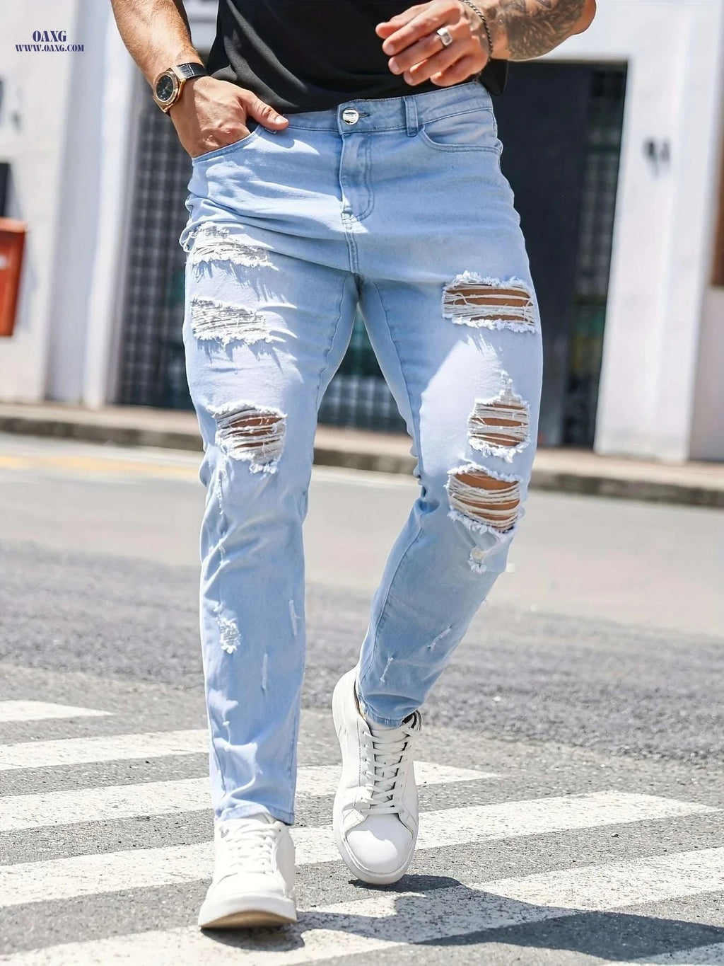Men's Distressed Light Wash Slim Fit Jeans - Frayed Hem Comfort   OAXG Light Blue / XS