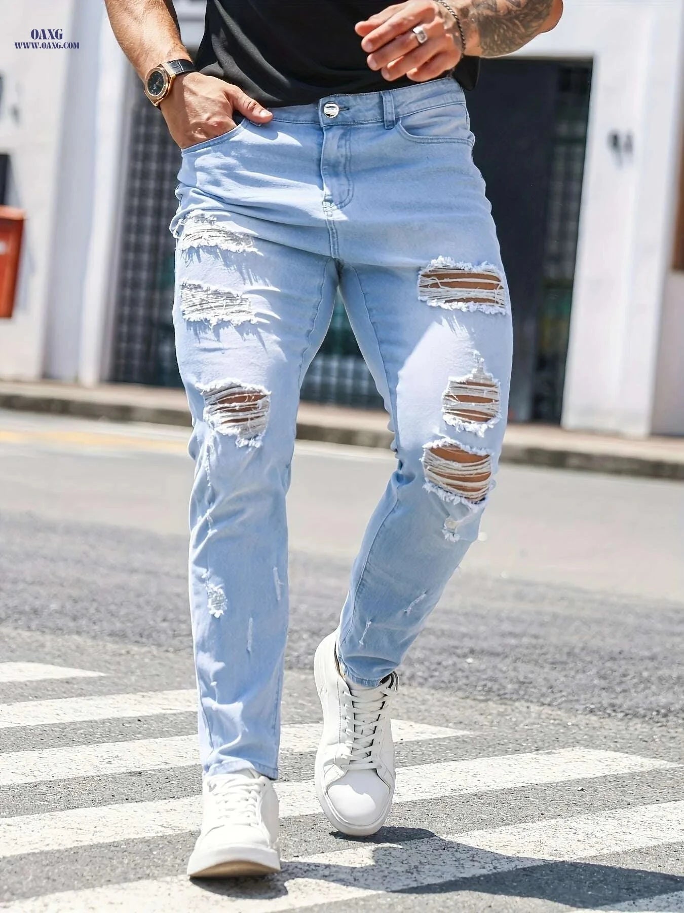 Men's Distressed Light Wash Slim Fit Jeans - Frayed Hem Comfort   OAXG Light Blue / XS