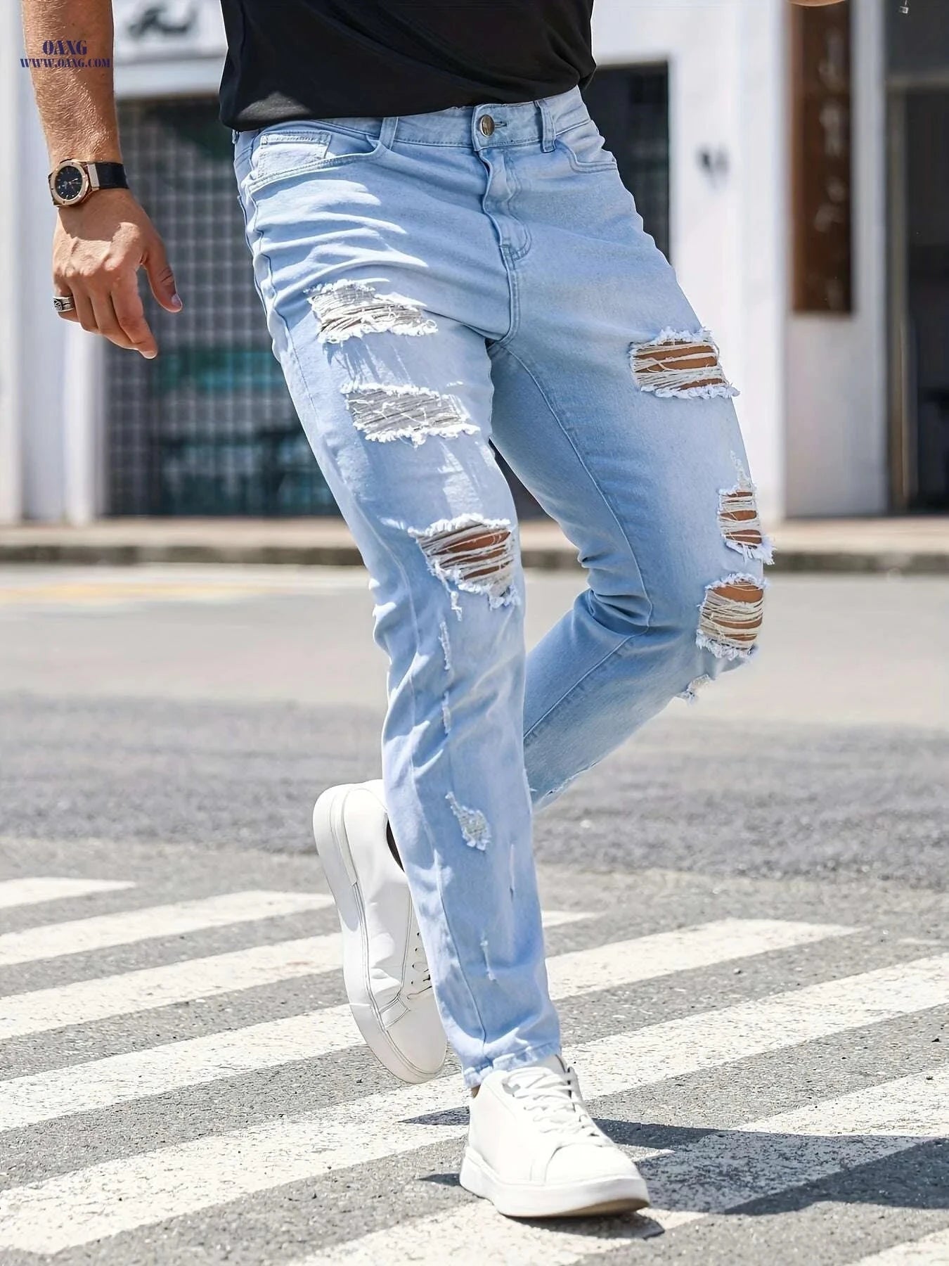 Men's Distressed Light Wash Slim Fit Jeans - Frayed Hem Comfort   OAXG Light Blue / XS