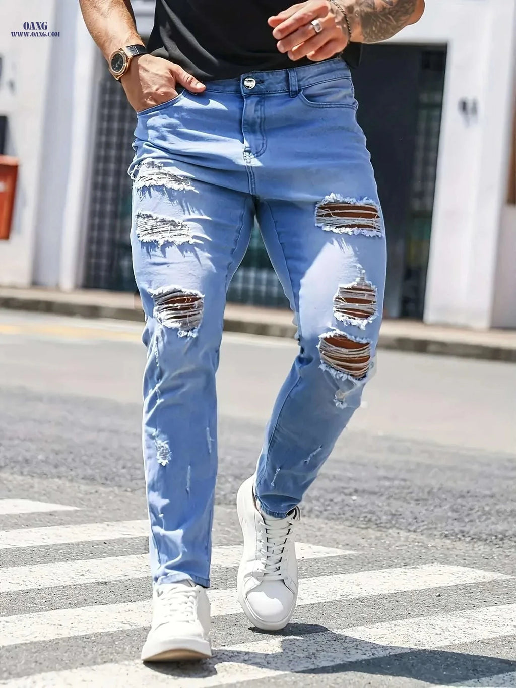 Men's Distressed Light Wash Slim Fit Jeans - Frayed Hem Comfort   OAXG Light Blue / XS