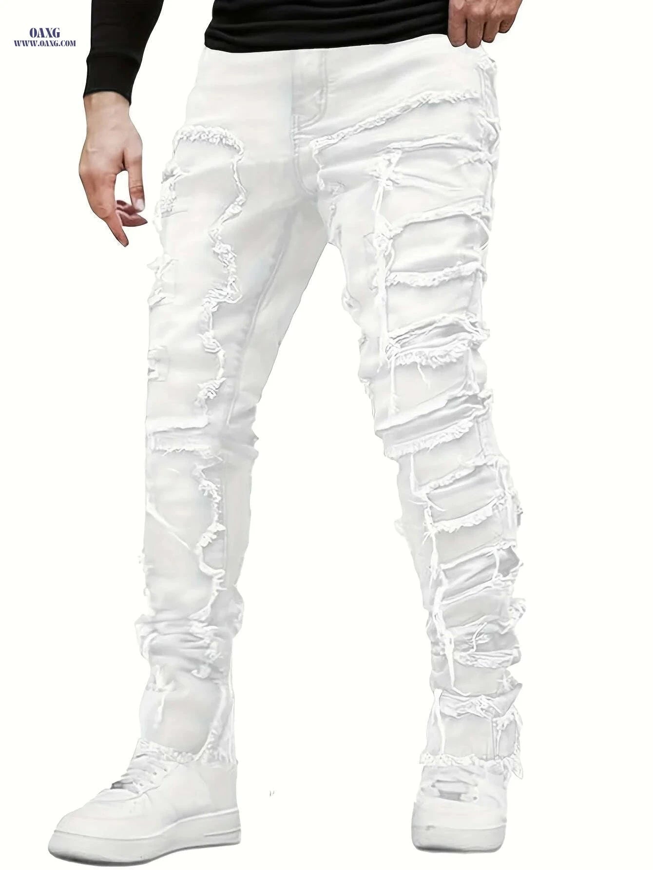 Men's Distressed Ripped Denim Jeans - Slim Fit Mid-Rise Casual Pants   OAXG White / M