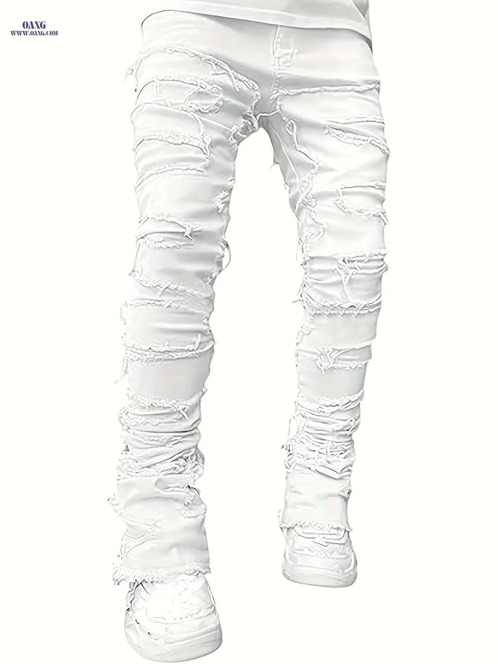 Men's Distressed Ripped Denim Jeans - Slim Fit Mid-Rise Casual Pants   OAXG White / M