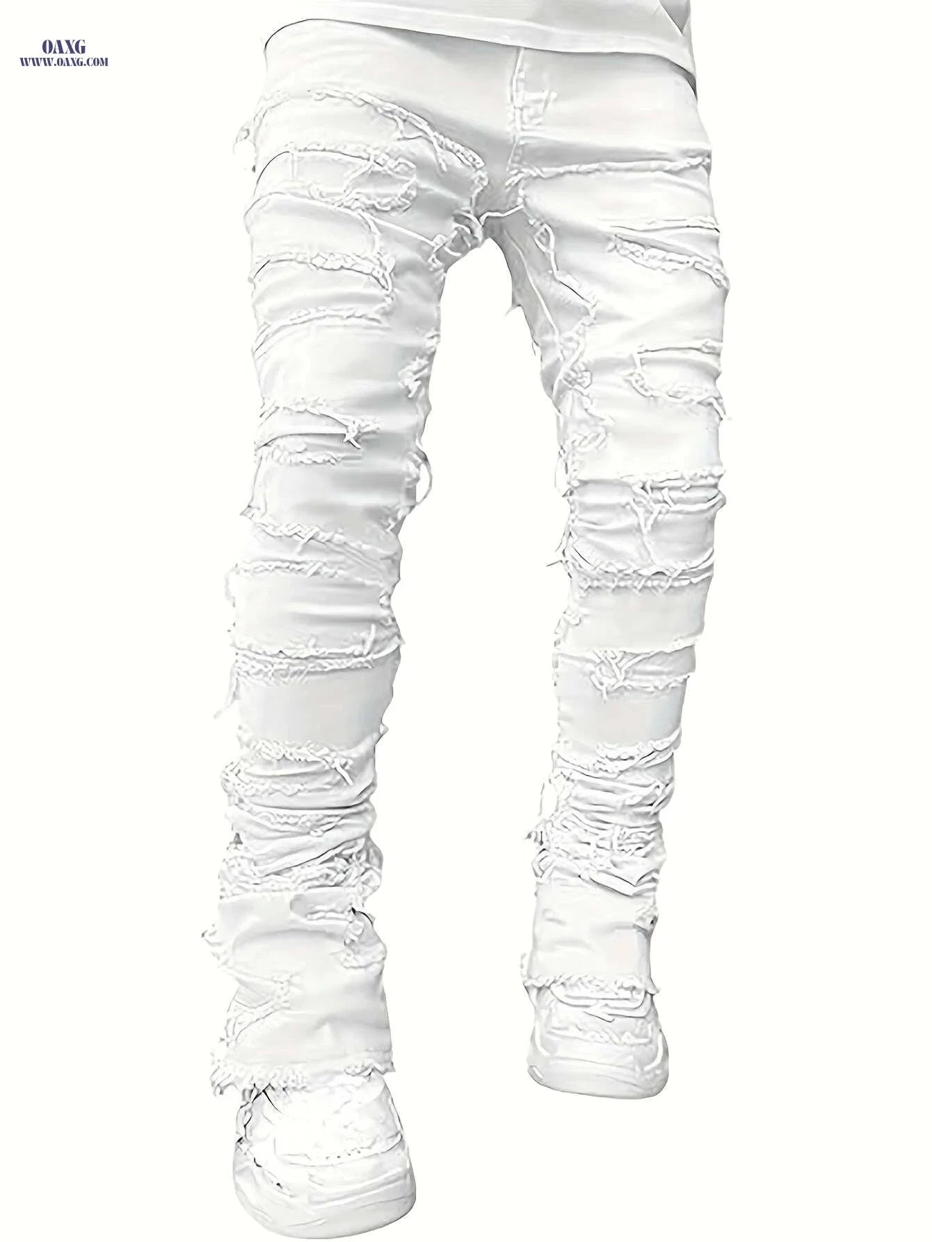 Men's Distressed Ripped Denim Jeans - Slim Fit Mid-Rise Casual Pants   OAXG White / M