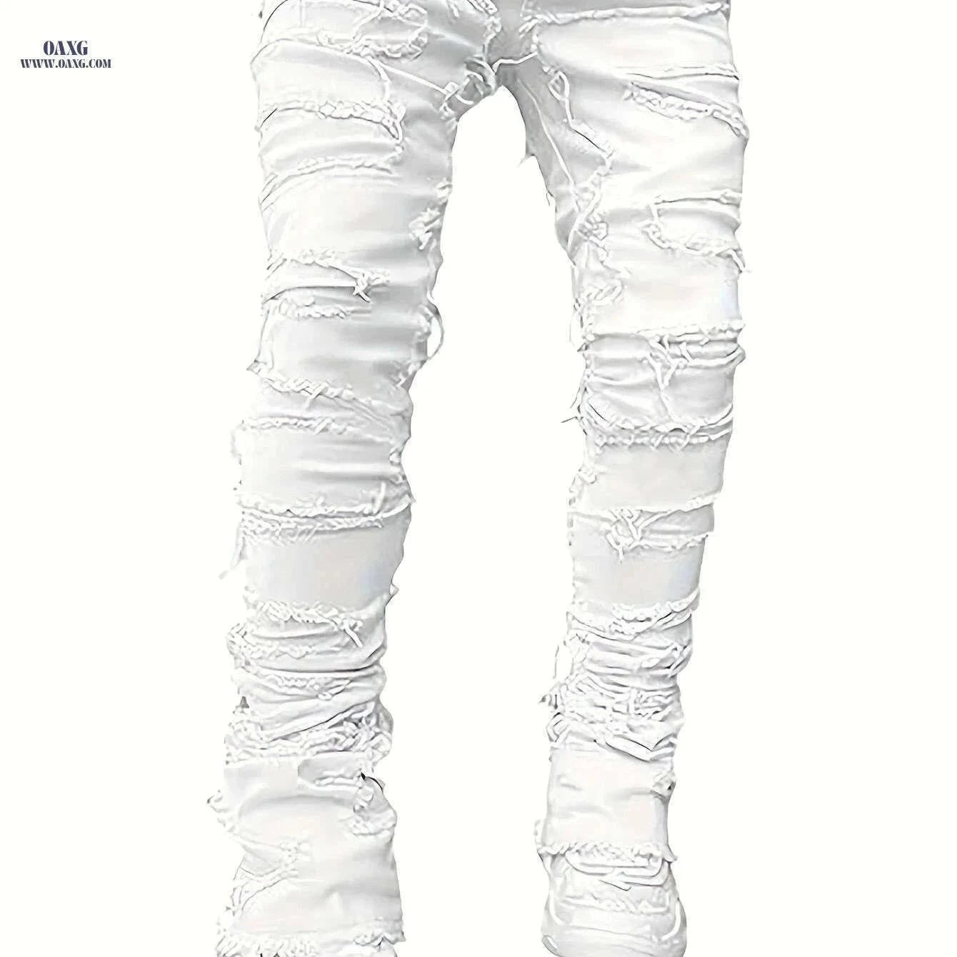 Men's Distressed Ripped Denim Jeans - Slim Fit Mid-Rise Casual Pants   OAXG White / M
