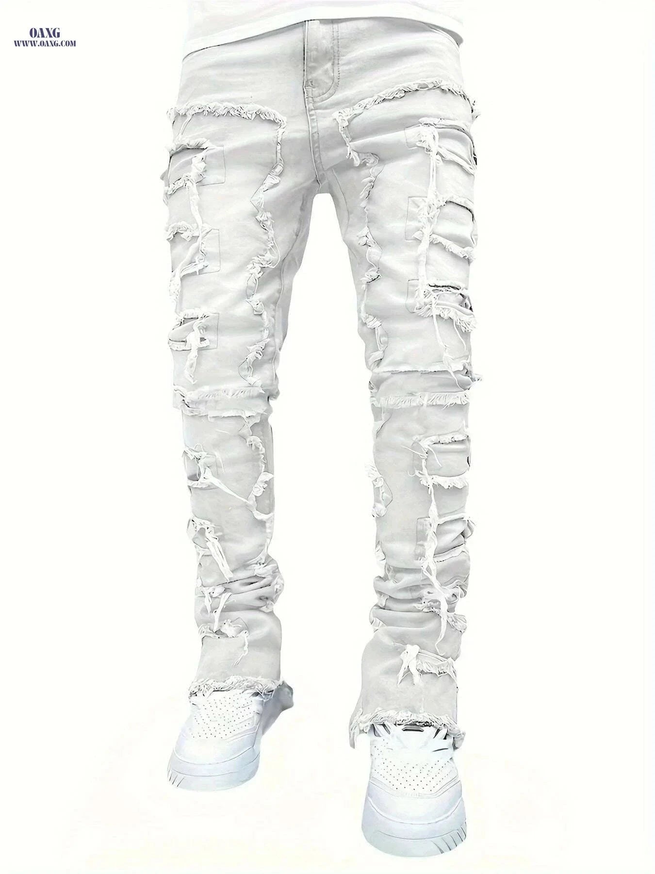 Men's Distressed Ripped Denim Jeans - Slim Fit Mid-Rise Casual Pants   OAXG White / M