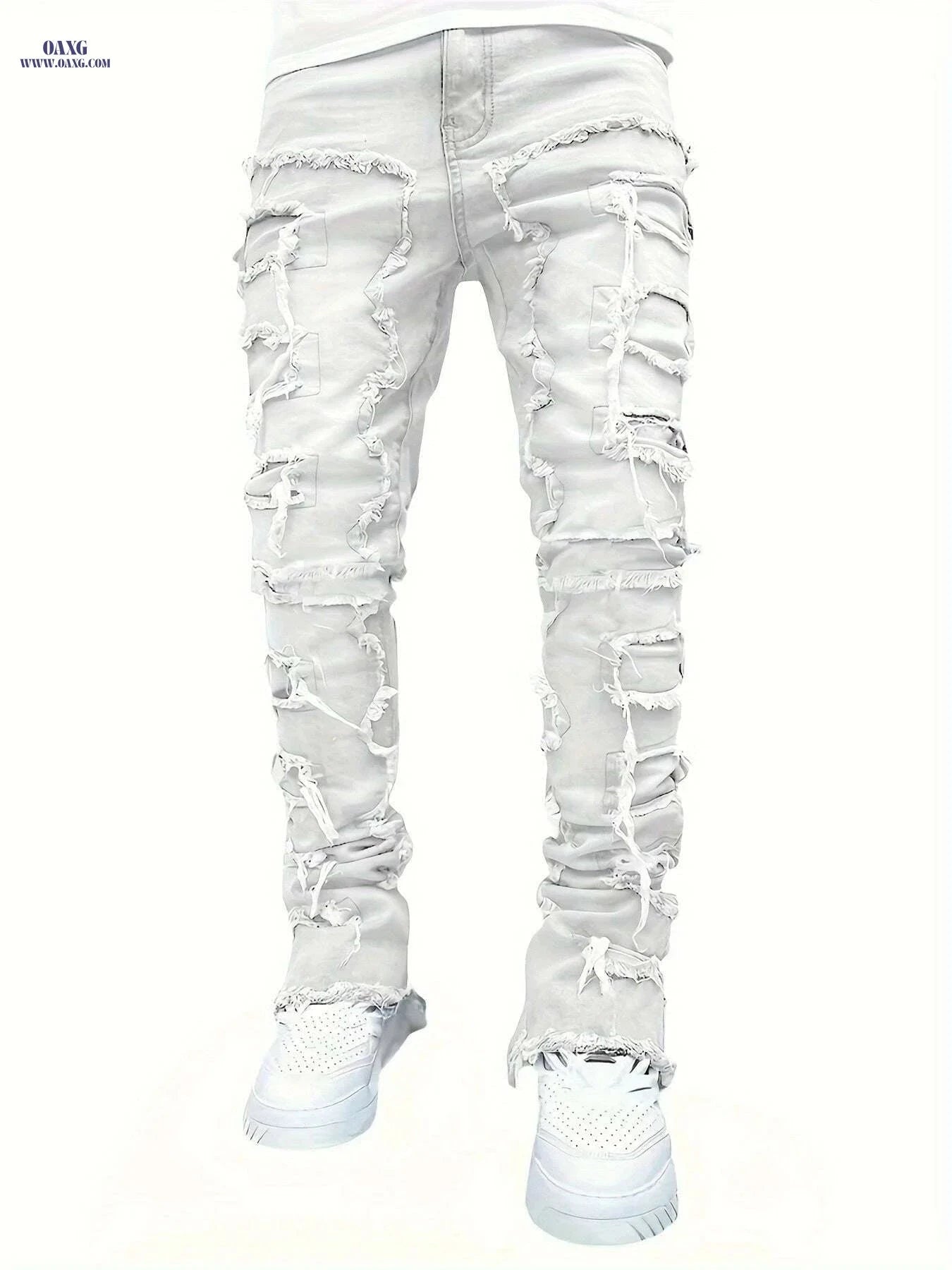 Men's Distressed Ripped Denim Jeans - Slim Fit Mid-Rise Casual Pants   OAXG White / M