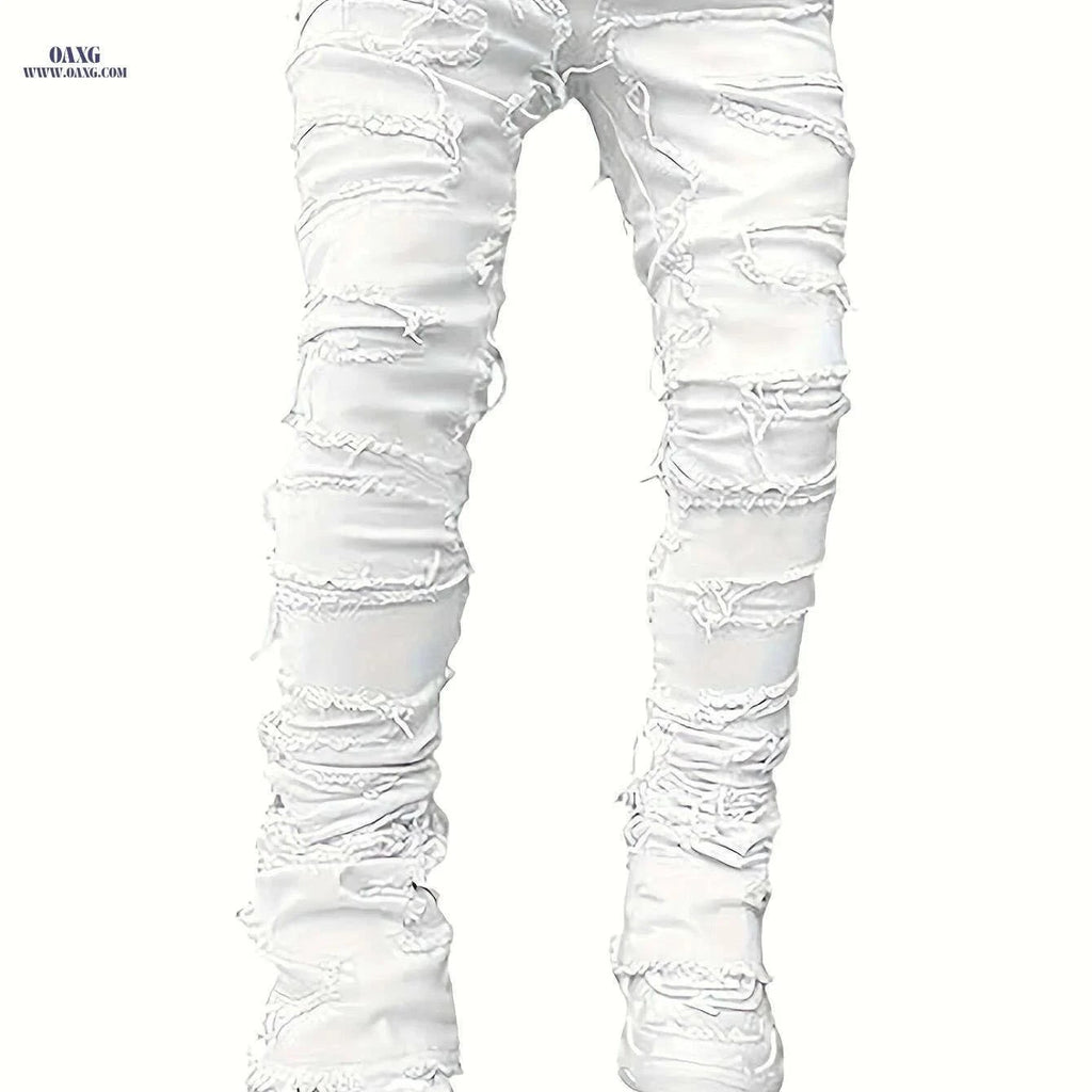 Men's Distressed Ripped Denim Jeans - Slim Fit Mid-Rise Casual Pants   OAXG White / M