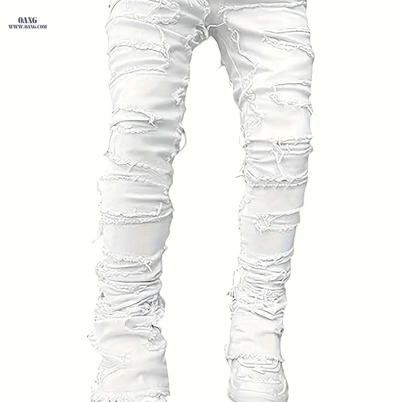 Men's Distressed Ripped Denim Jeans - Slim Fit Mid-Rise Casual Pants   OAXG White / M