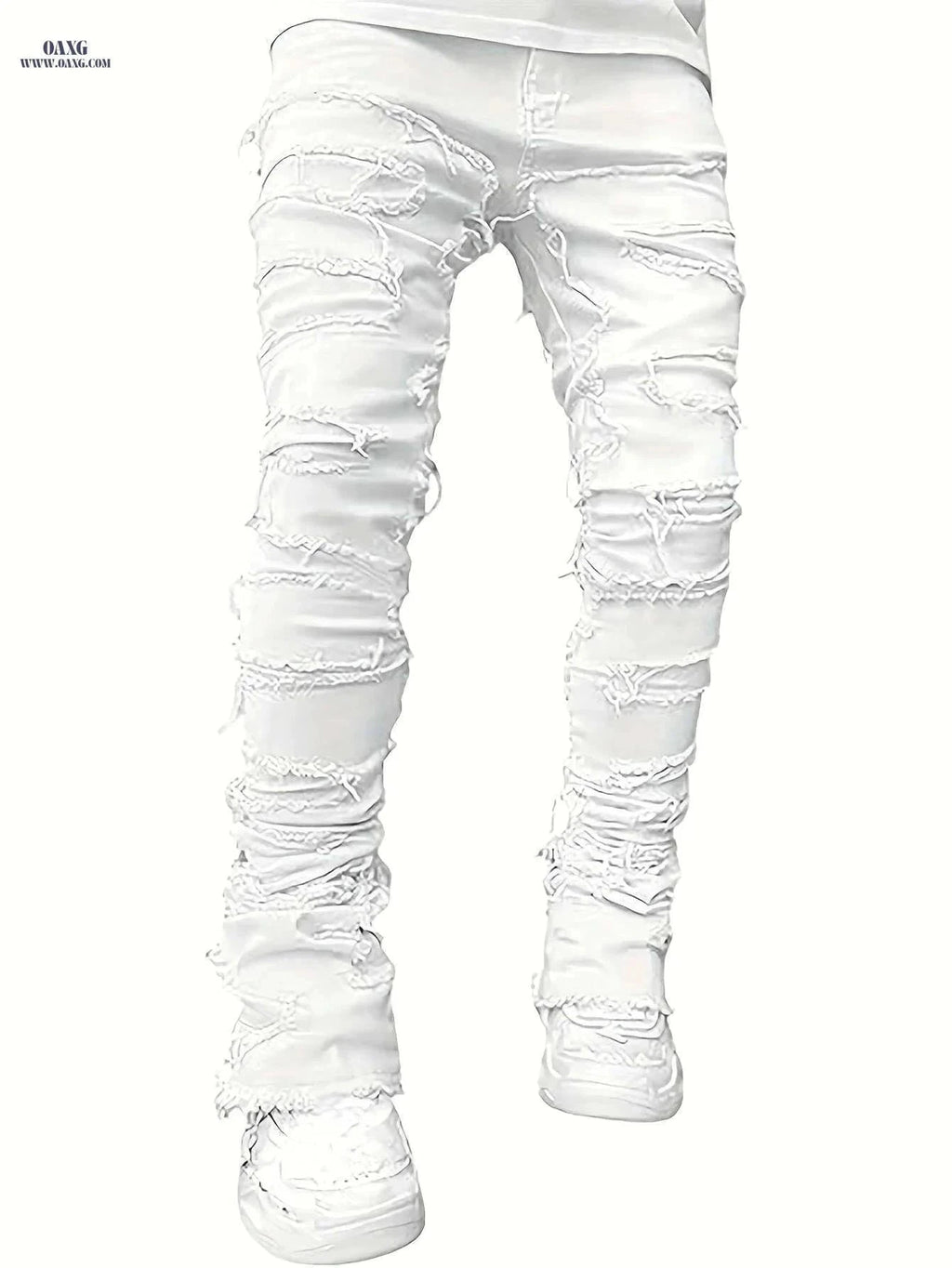 Men's Distressed Ripped Denim Jeans - Slim Fit Mid-Rise Casual Pants   OAXG White / M