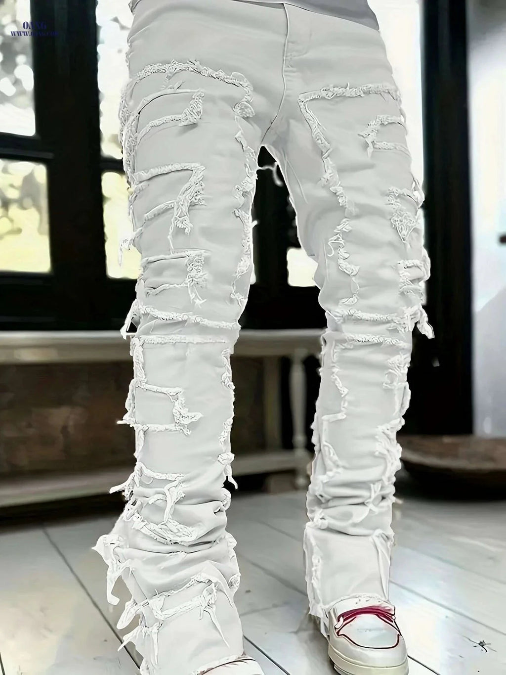 Men's Distressed Ripped Denim Jeans - Slim Fit Mid-Rise Casual Pants   OAXG White / M