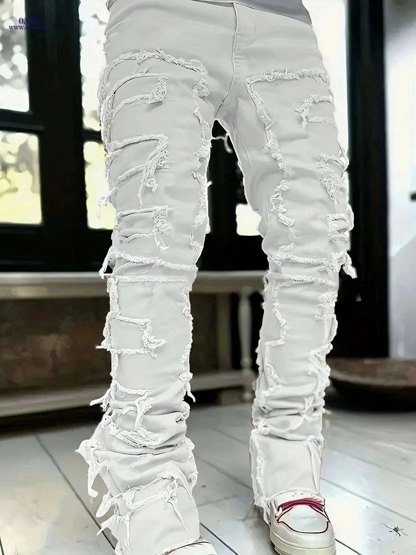 Men's Distressed Ripped Denim Jeans - Slim Fit Mid-Rise Casual Pants   OAXG White / M