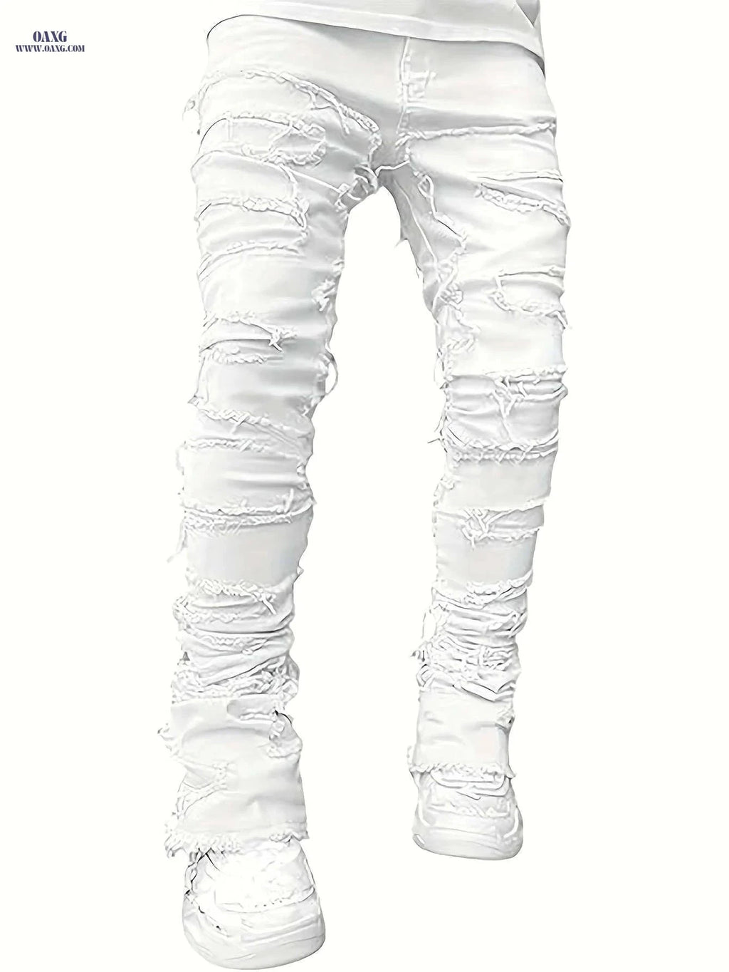 Men's Distressed Ripped Denim Jeans - Slim Fit Mid-Rise Casual Pants   OAXG White / M