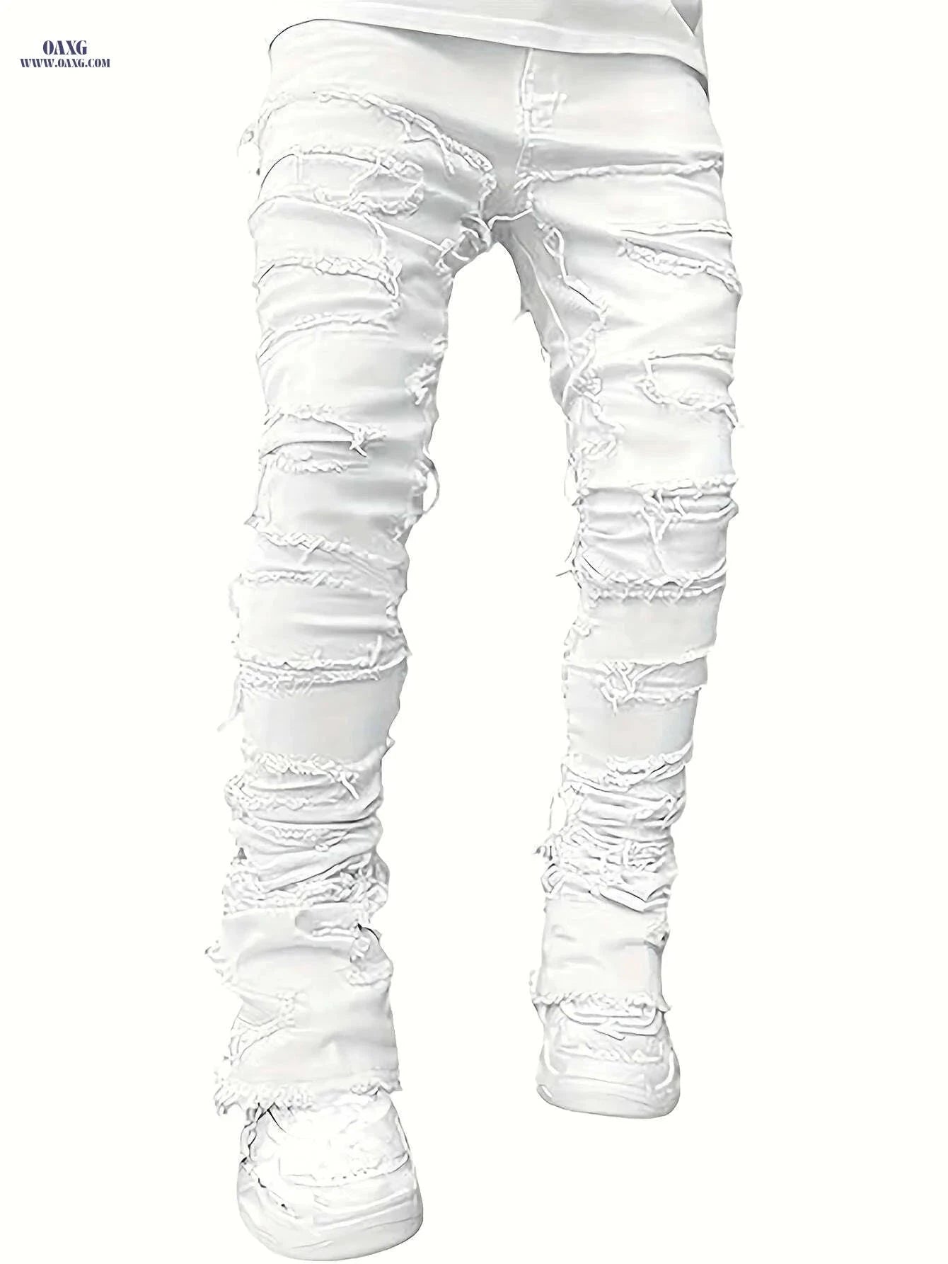 Men's Distressed Ripped Denim Jeans - Slim Fit Mid-Rise Casual Pants   OAXG White / M