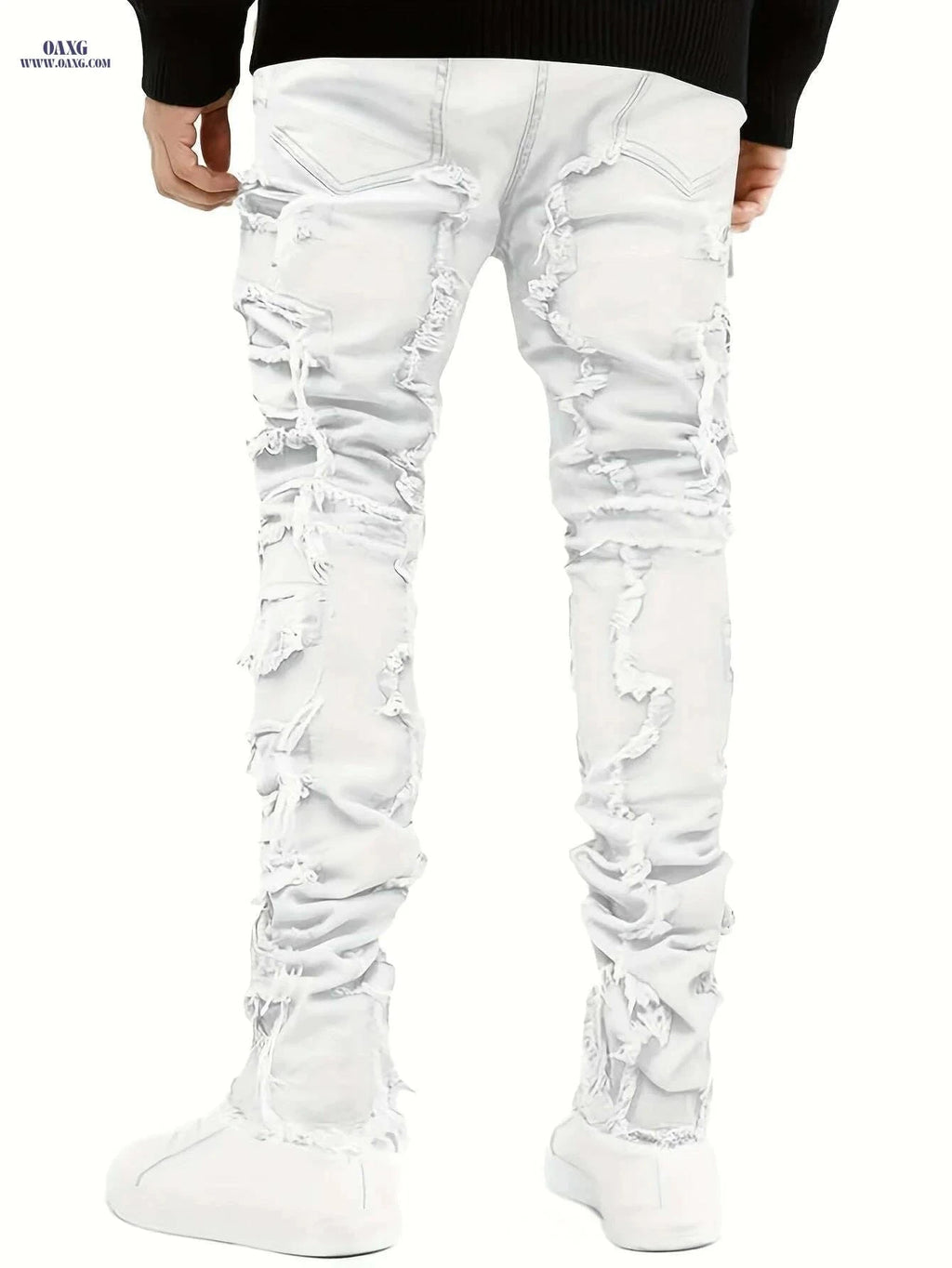Men's Distressed Ripped Denim Jeans - Slim Fit Mid-Rise Casual Pants   OAXG White / M