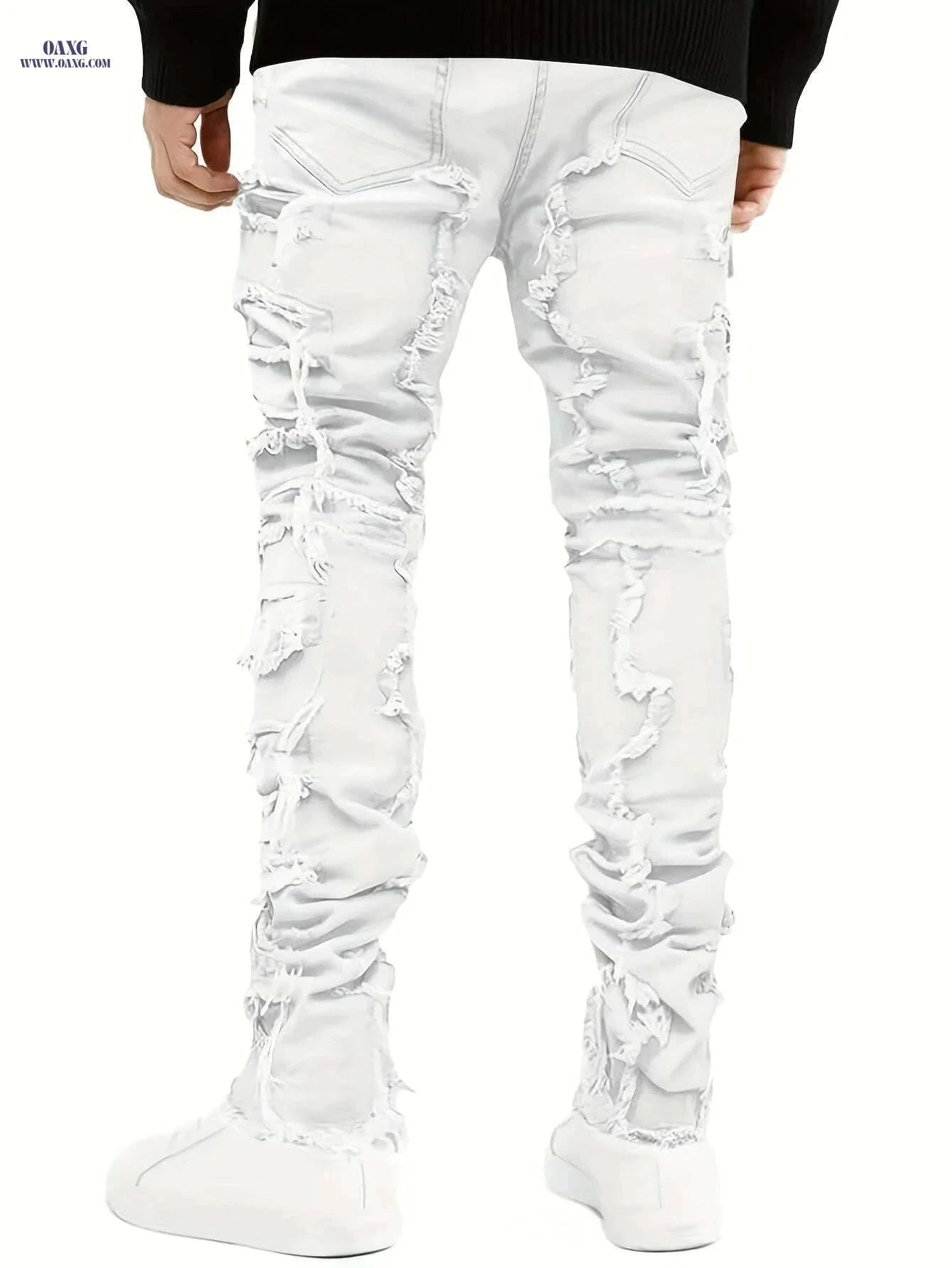 Men's Distressed Ripped Denim Jeans - Slim Fit Mid-Rise Casual Pants   OAXG White / M