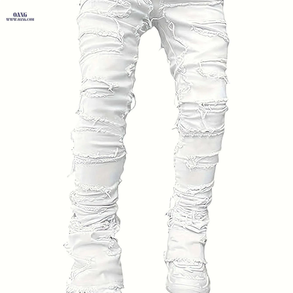 Men's Distressed Ripped Denim Jeans - Slim Fit Mid-Rise Casual Pants   OAXG White / M