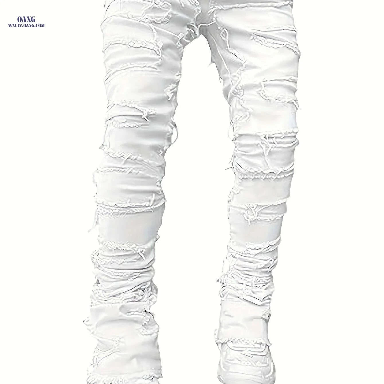 Men's Distressed Ripped Denim Jeans - Slim Fit Mid-Rise Casual Pants   OAXG White / M