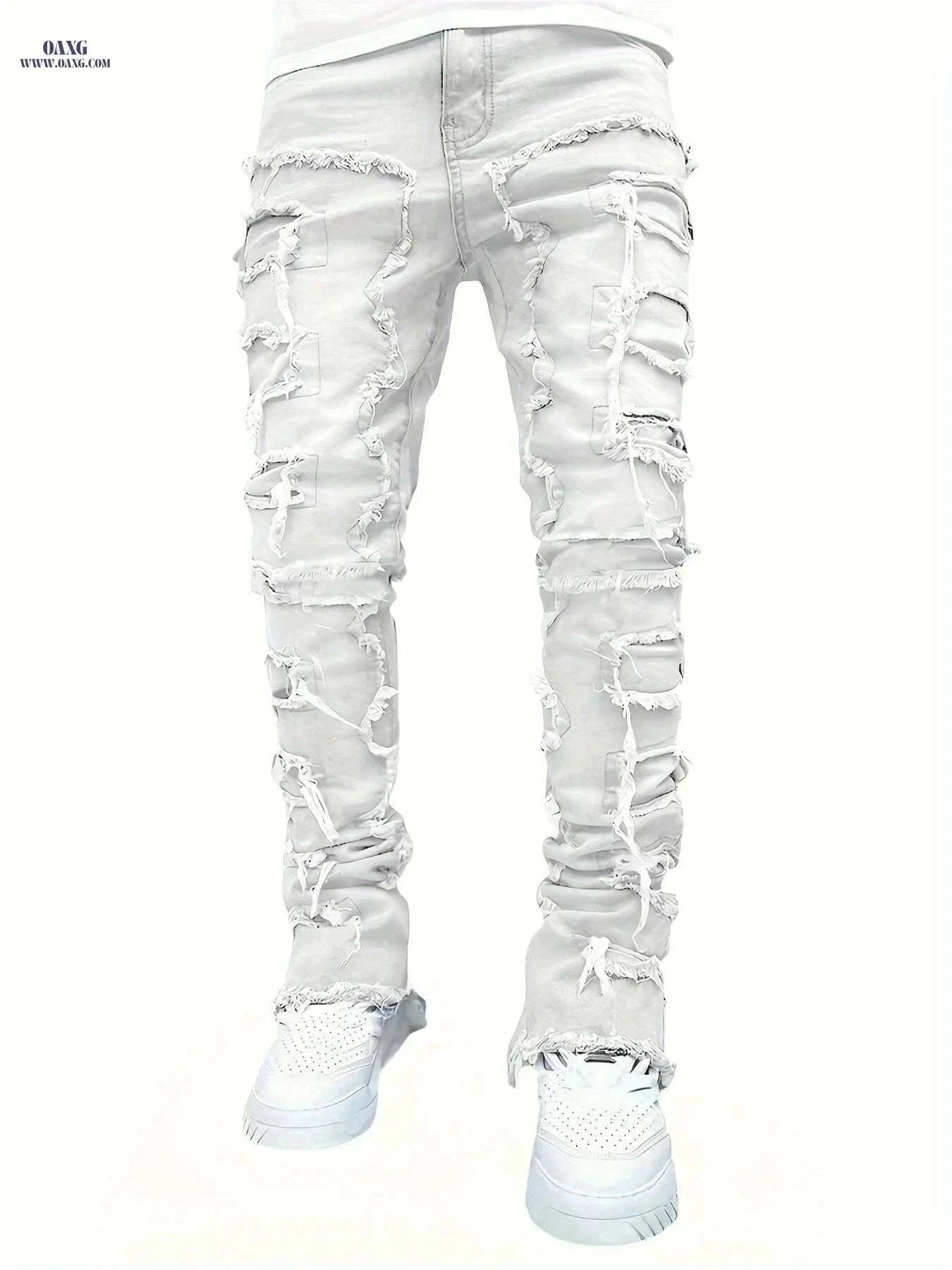 Men's Distressed Ripped Denim Jeans - Slim Fit Mid-Rise Casual Pants   OAXG White / M