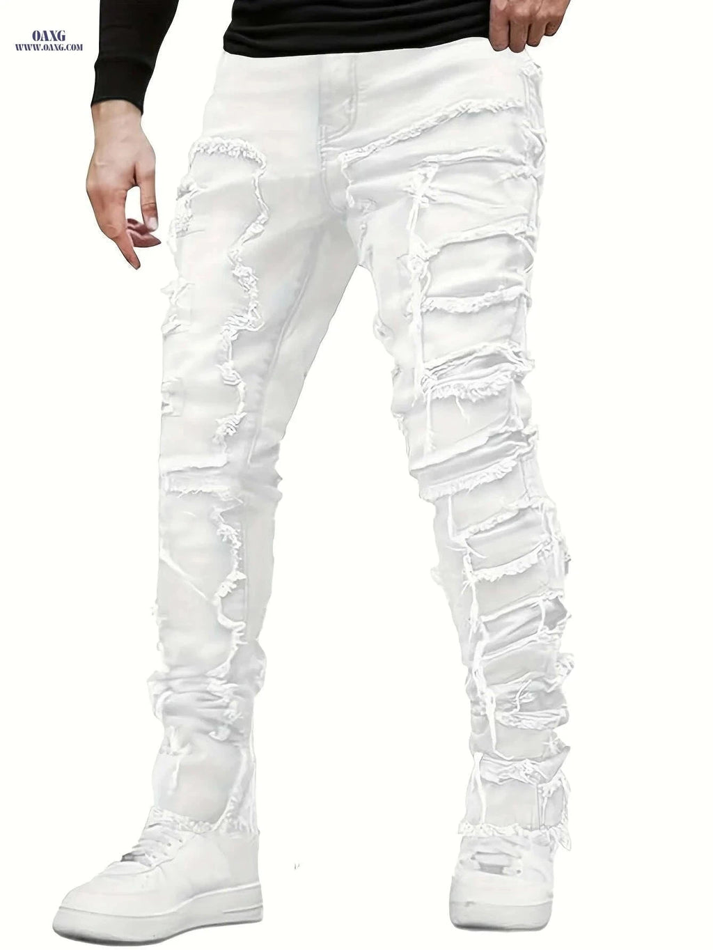 Men's Distressed Ripped Denim Jeans - Slim Fit Mid-Rise Casual Pants   OAXG White / M