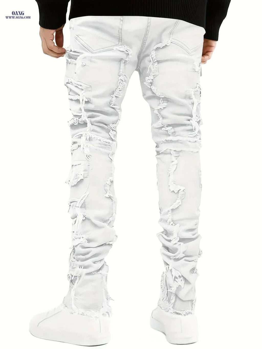 Men's Distressed Ripped Denim Jeans - Slim Fit Mid-Rise Casual Pants   OAXG White / M