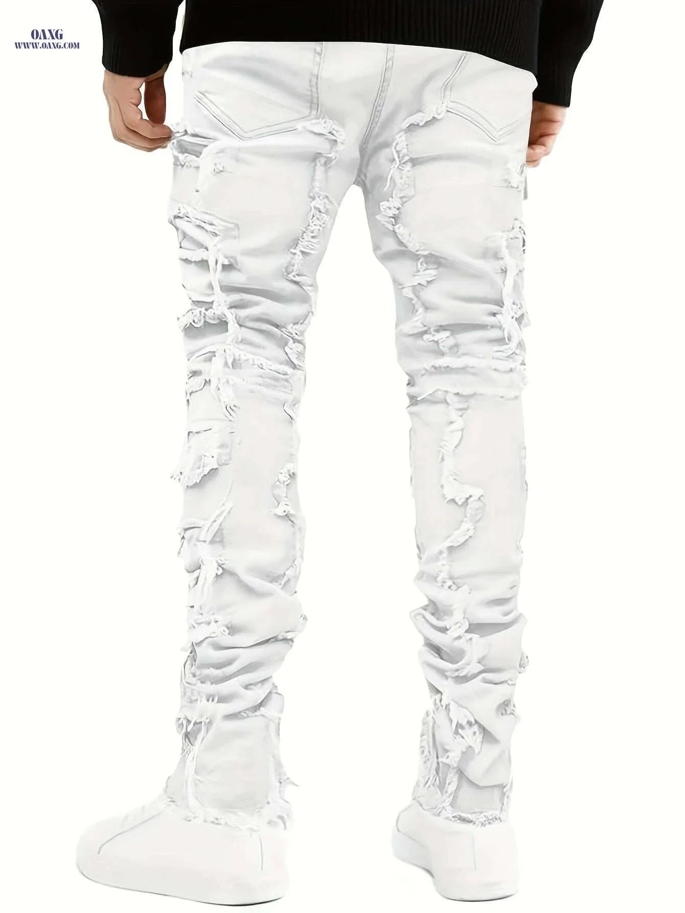 Men's Distressed Ripped Denim Jeans - Slim Fit Mid-Rise Casual Pants   OAXG White / M