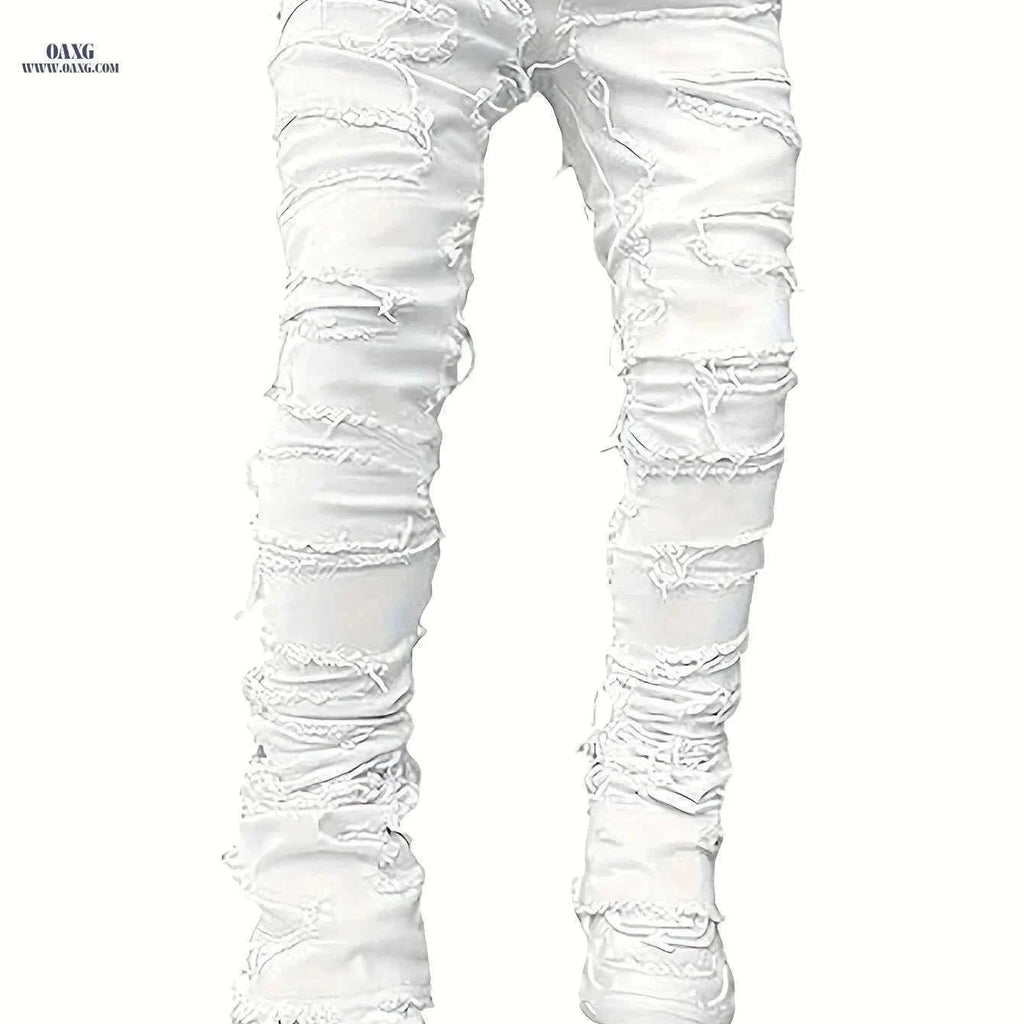 Men's Distressed Ripped Denim Jeans - Slim Fit Mid-Rise Casual Pants   OAXG White / M