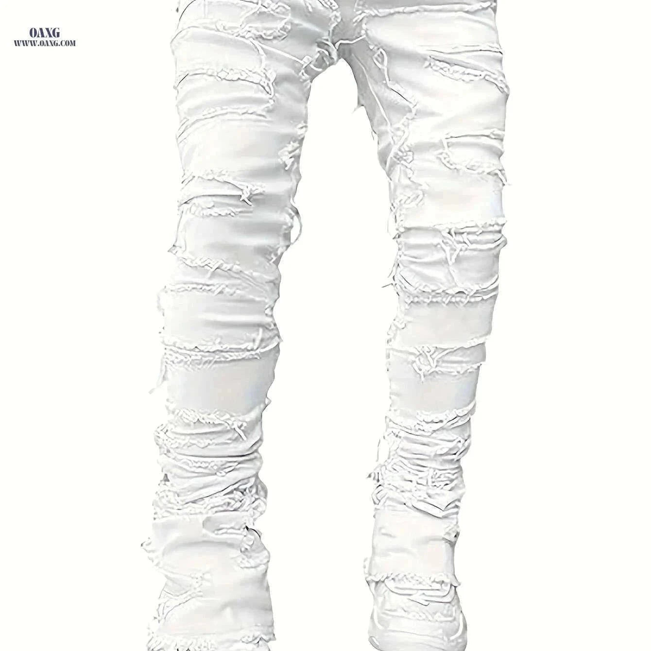 Men's Distressed Ripped Denim Jeans - Slim Fit Mid-Rise Casual Pants   OAXG White / M