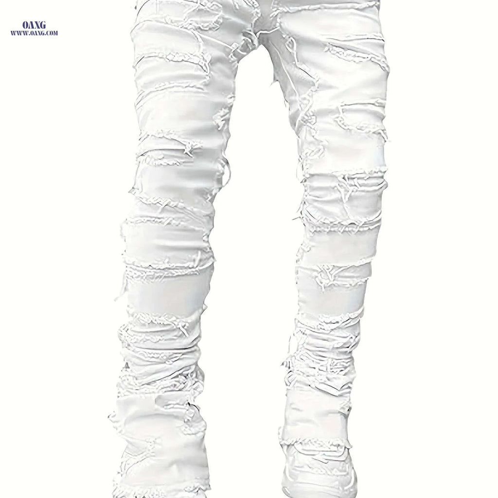 Men's Distressed Ripped Denim Pants - Mid-Rise, Casual Streetwear   OAXG White / M