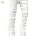 Men's Distressed Ripped Denim Pants - Mid-Rise, Casual Streetwear   OAXG White / M