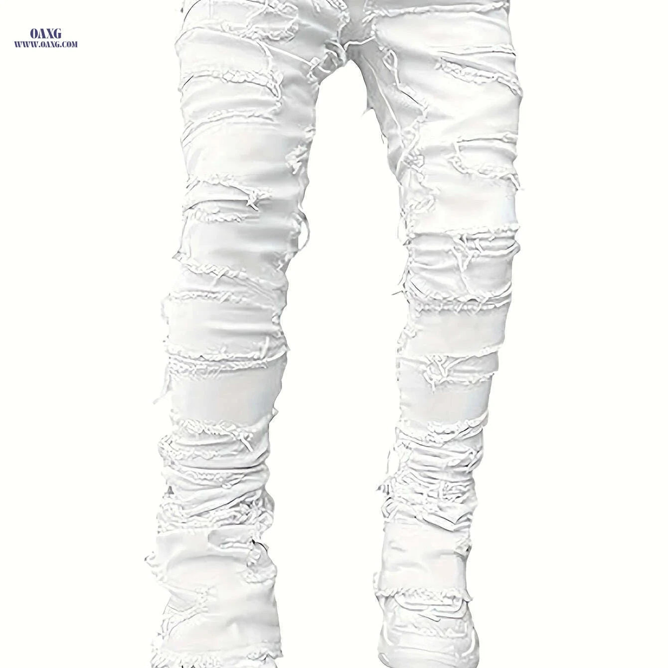 Men's Distressed Ripped Denim Pants - Mid-Rise, Casual Streetwear   OAXG White / M