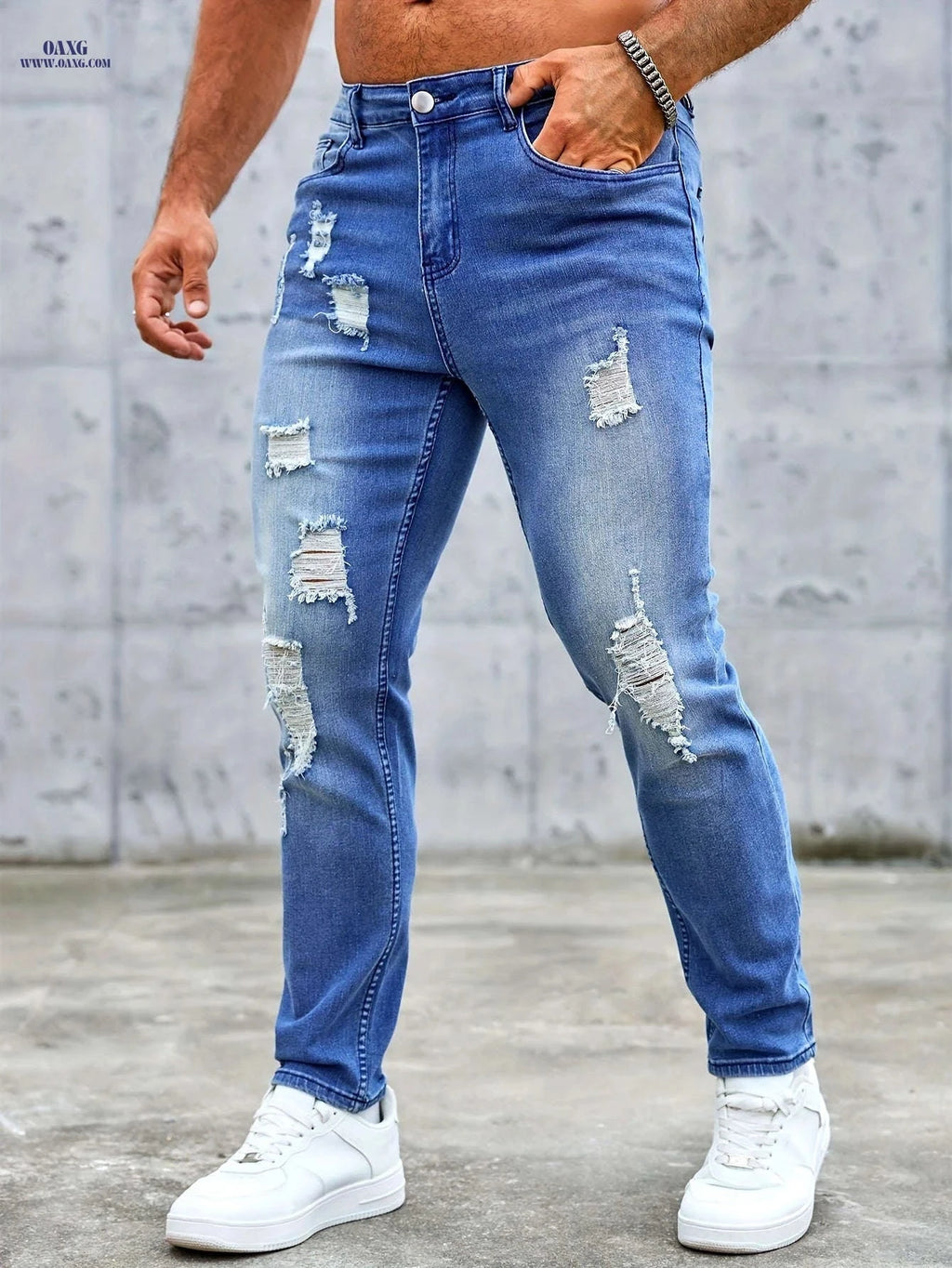 Men's Distressed Skinny Jeans - Mid-Rise Zipper Fly Casual Pants   OAXG 