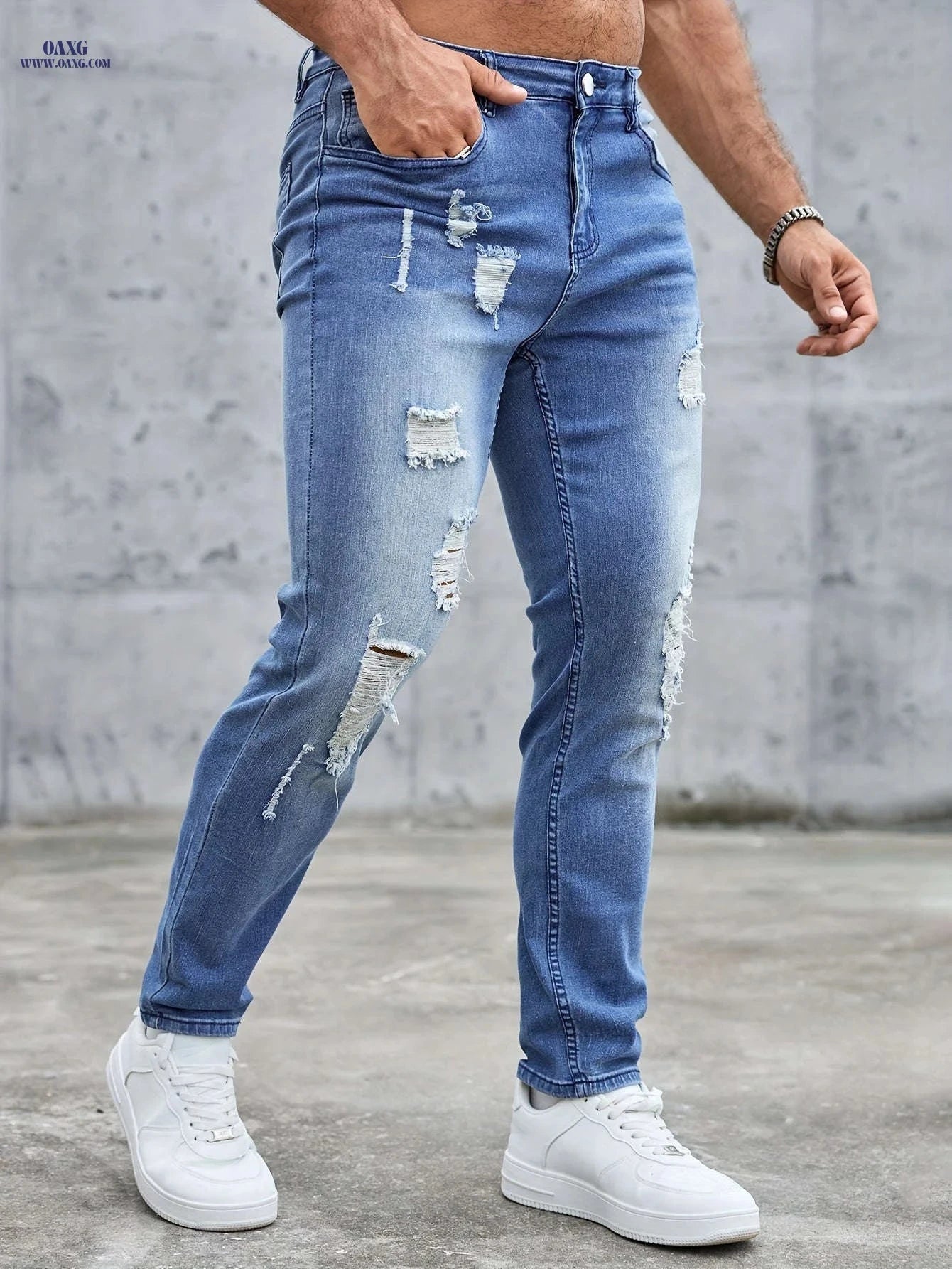 Men's Distressed Skinny Jeans - Mid-Rise Zipper Fly Casual Pants   OAXG 