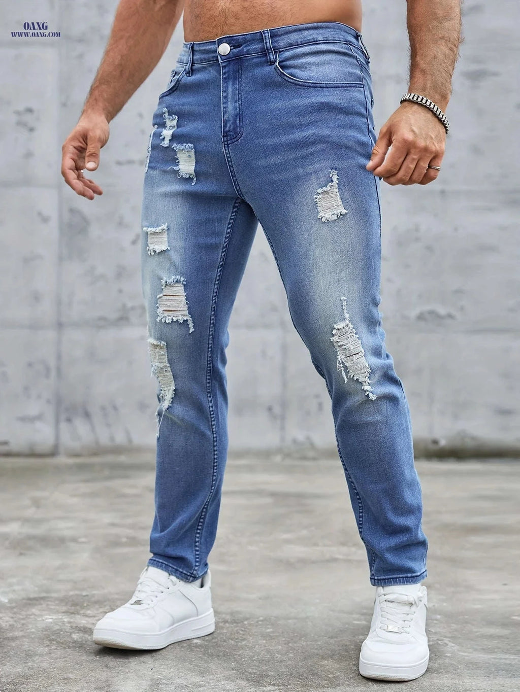 Men's Distressed Skinny Jeans - Mid-Rise Zipper Fly Casual Pants   OAXG Blue / FR S