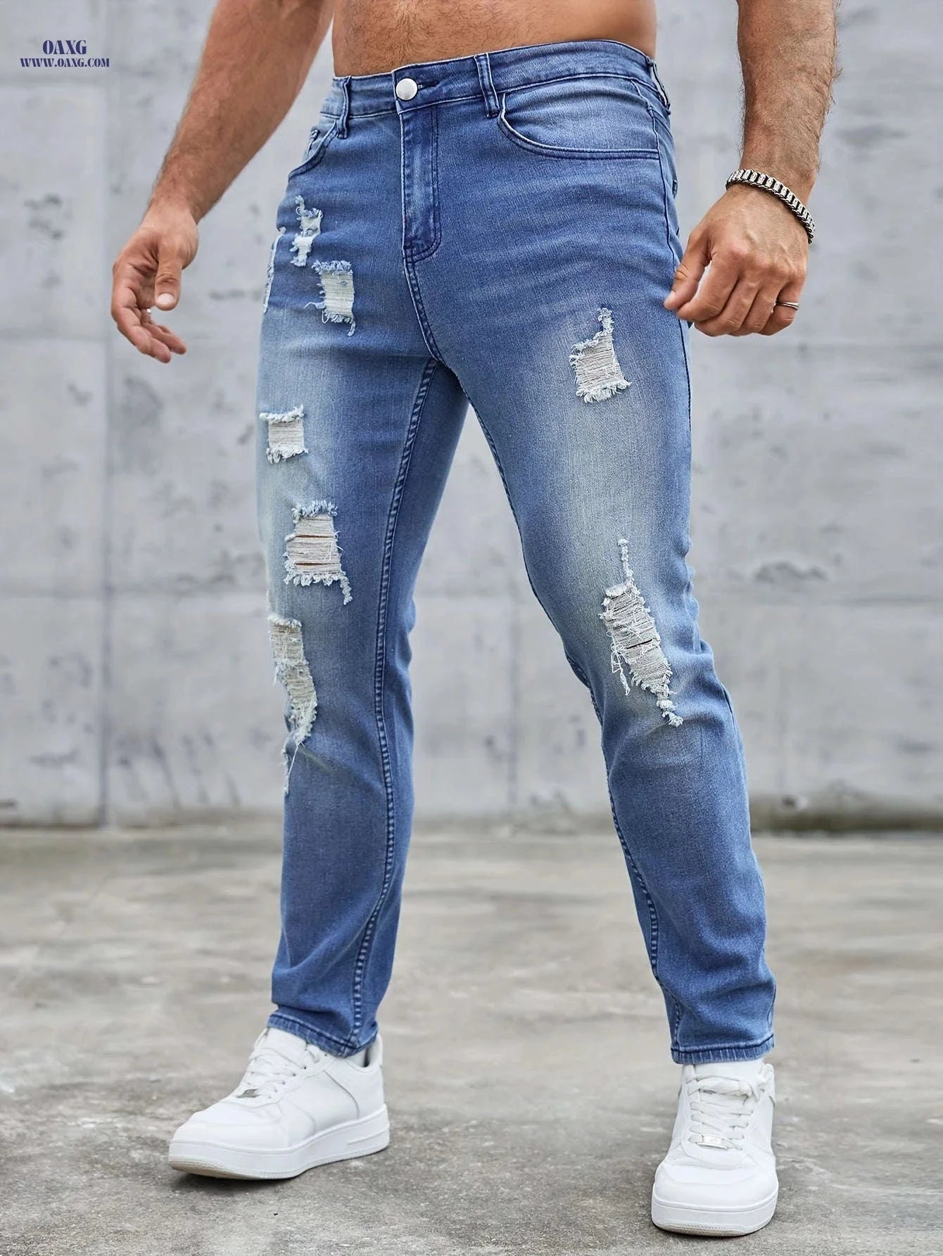 Men's Distressed Skinny Jeans - Mid-Rise Zipper Fly Casual Pants   OAXG Blue / FR S